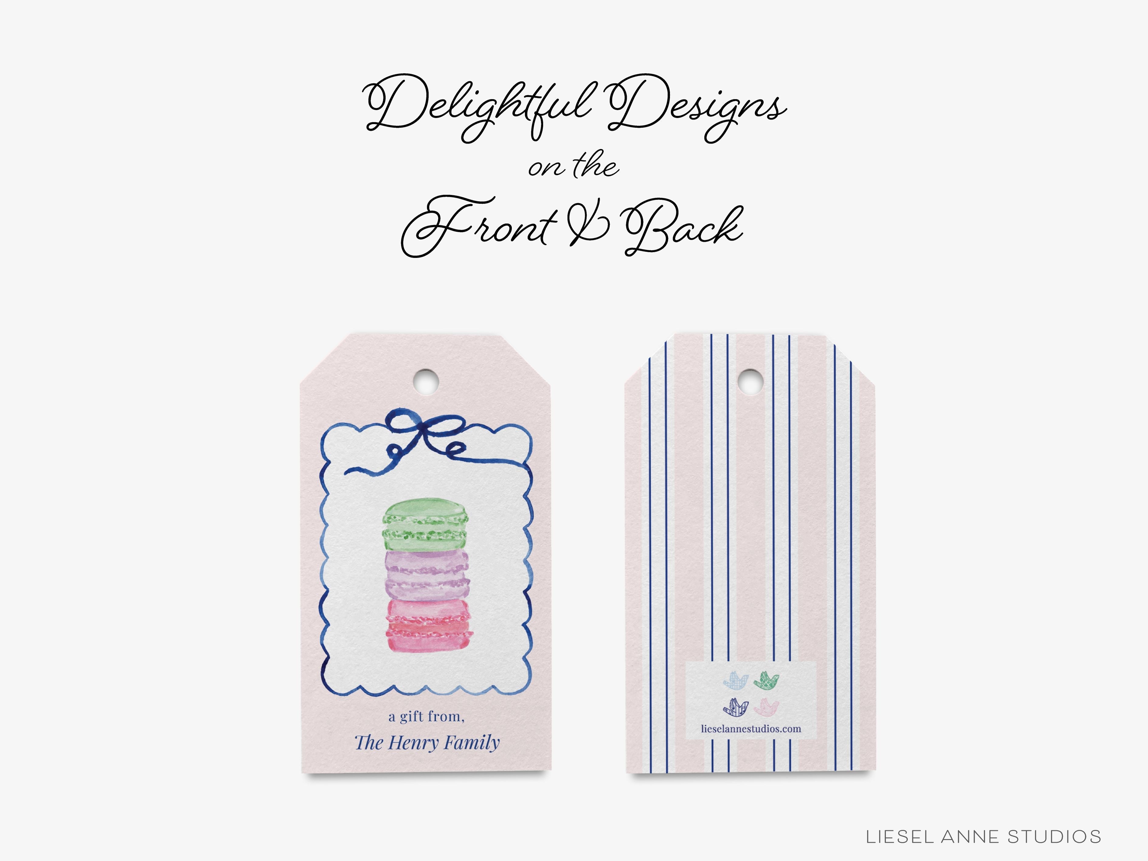 Personalized Macaron Stack Gift Tags-These gift tags come in sets, hole-punched with white twine and feature our hand-painted watercolor macarons, printed in the USA on 120lb textured stock. They make great tags for gifting or gifts for the sweet tooth lover in your life.-The Singing Little Bird