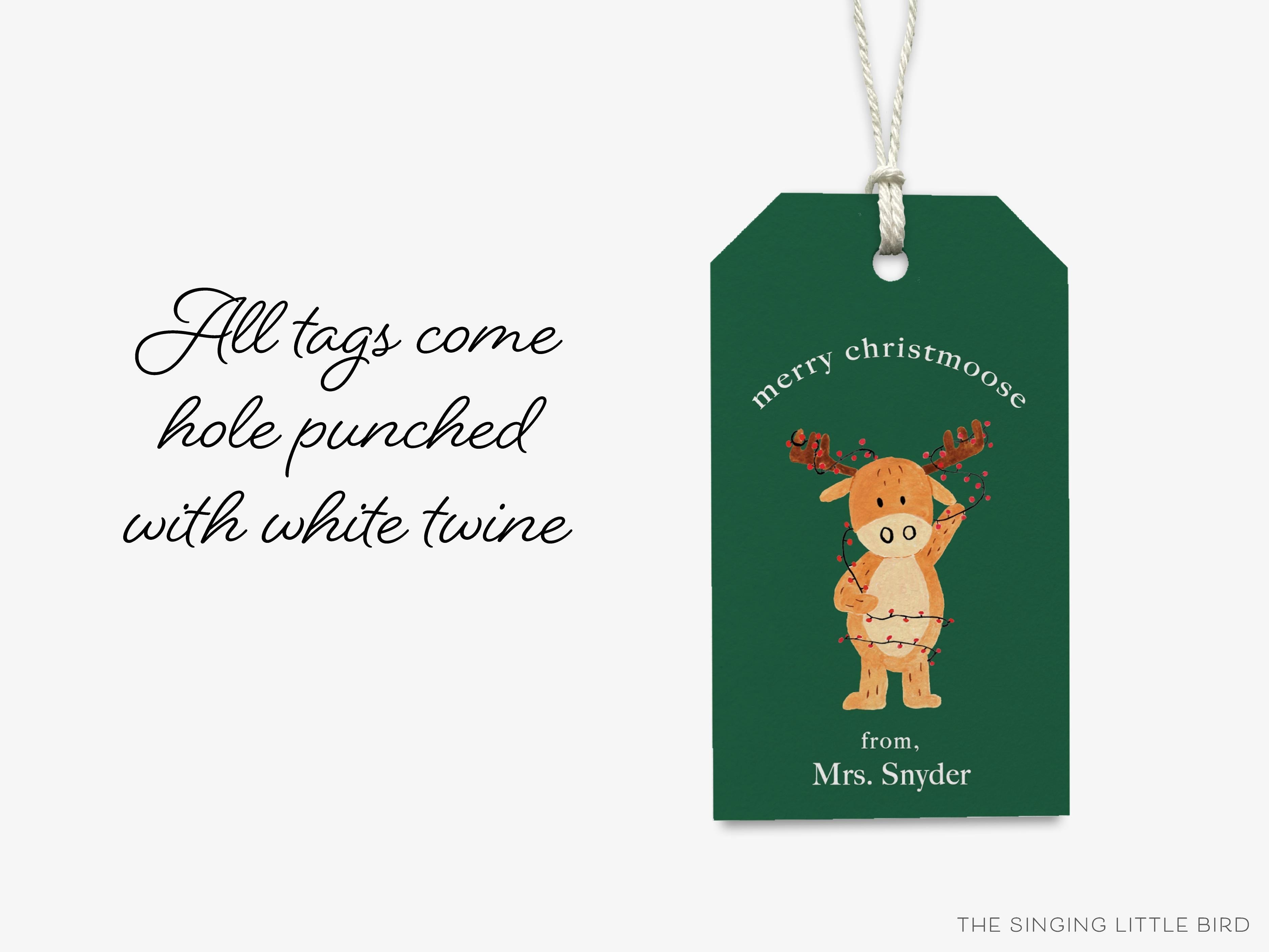 Personalized Merry Christmoose Pun Christmas Gift Tags-These gift tags come in sets, hole-punched with white twine and feature our hand-painted watercolor moose and Christmas lights, printed in the USA on 120lb textured stock. They make great tags for gifting or gifts for the holiday lover in your life.-The Singing Little Bird