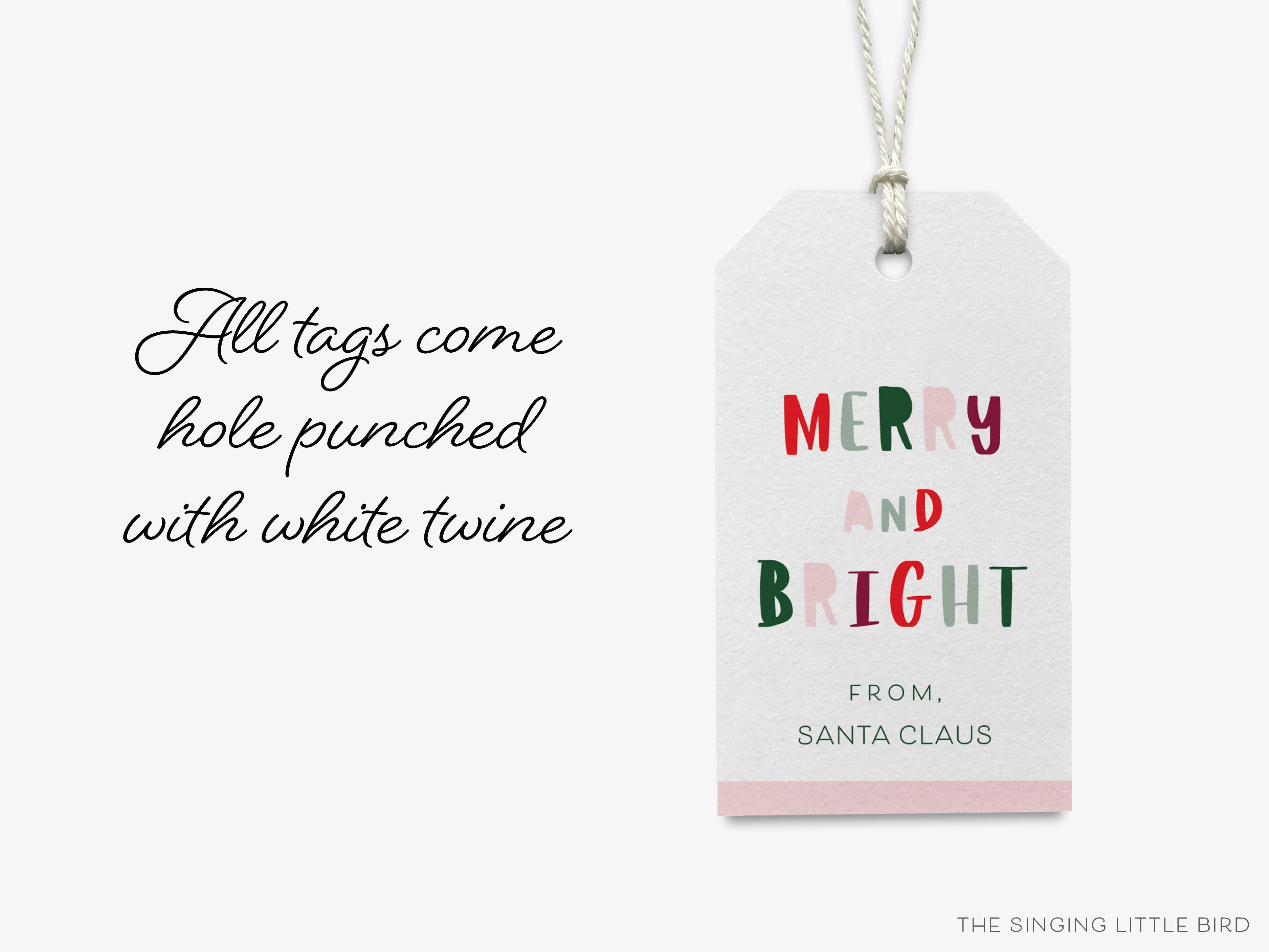 Personalized Merry and Bright Christmas Gift Tags-These gift tags come in sets, hole-punched with white twine and feature our hand-painted watercolor bold print, printed in the USA on 120lb textured stock. They make great tags for gifting or gifts for the holiday lover in your life.-The Singing Little Bird
