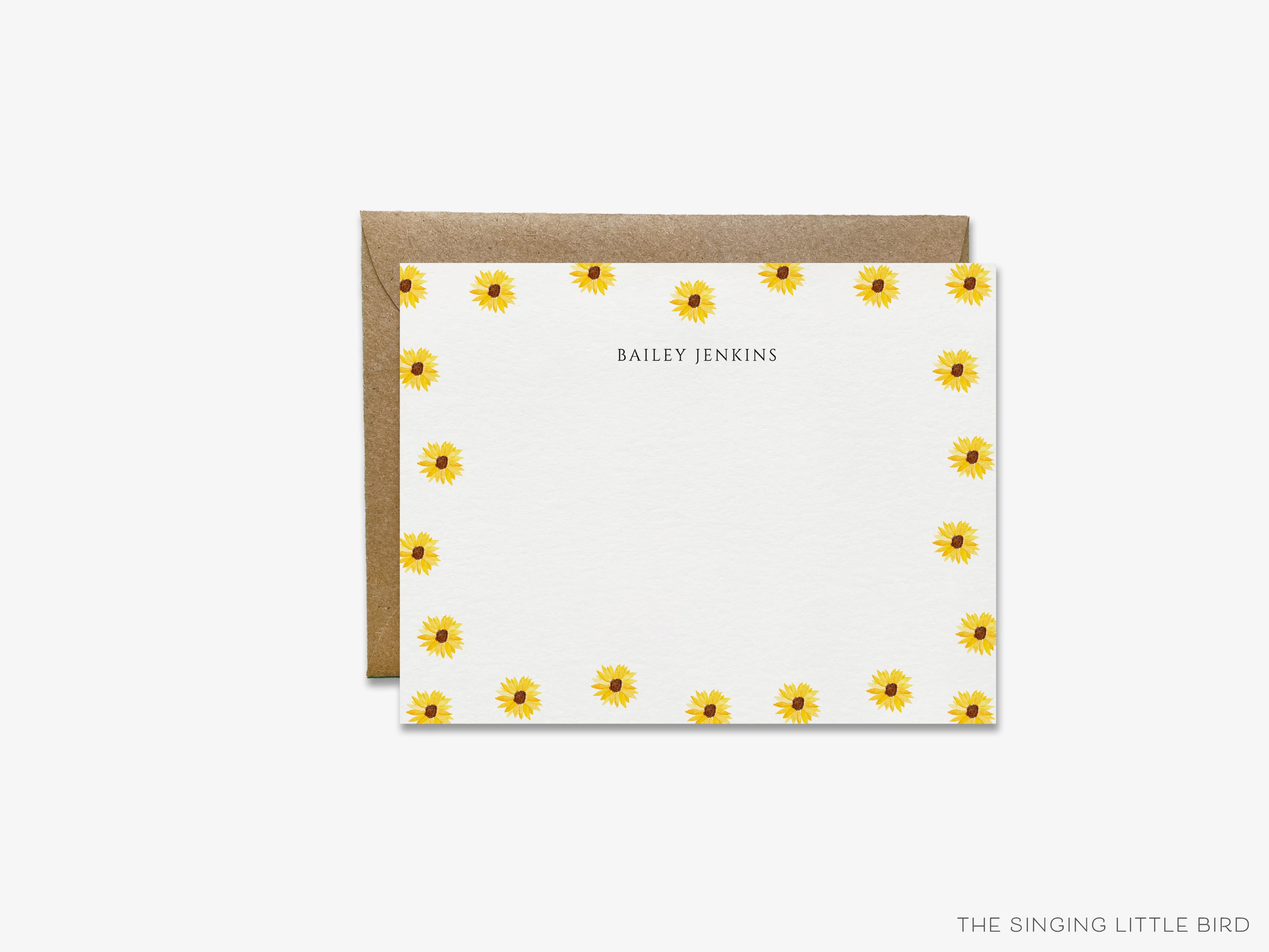 Personalized Mini Sunflower Flat Notes-These personalized flat notecards are 4.25x5.5 and feature our hand-painted watercolor sunflowers, printed in the USA on 120lb textured stock. They come with your choice of envelopes and make great thank yous and gifts for the floral lover in your life.-The Singing Little Bird