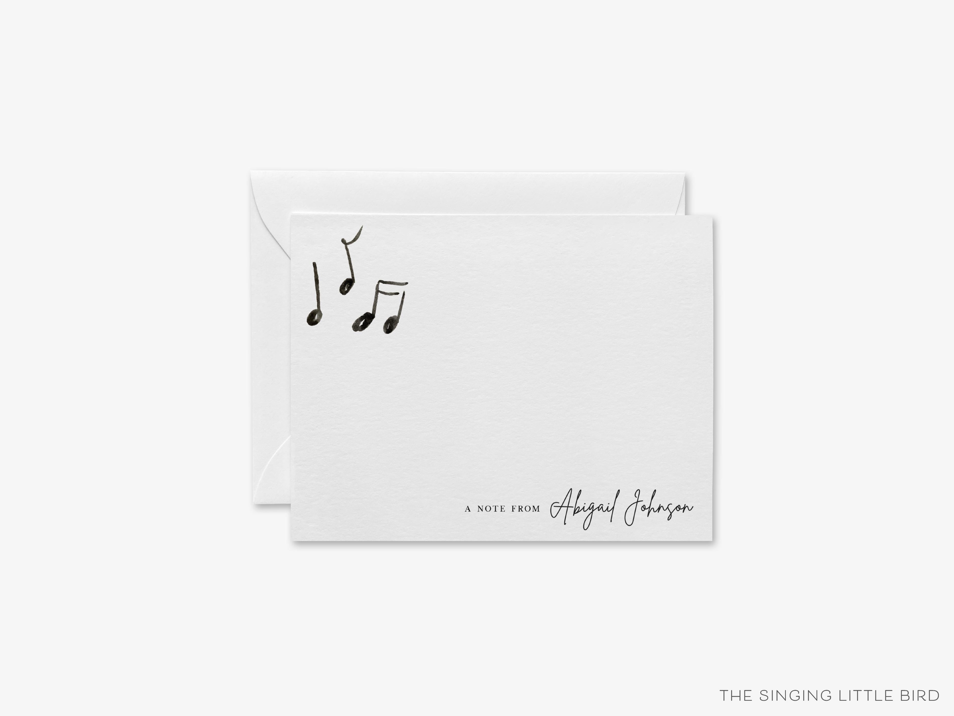 Personalized Music Lover Flat Notes-These personalized flat notecards are 4.25x5.5 and feature our hand-painted watercolor music notes, printed in the USA on 120lb textured stock. They come with your choice of envelopes and make great thank yous and gifts for the music lover in your life.-The Singing Little Bird