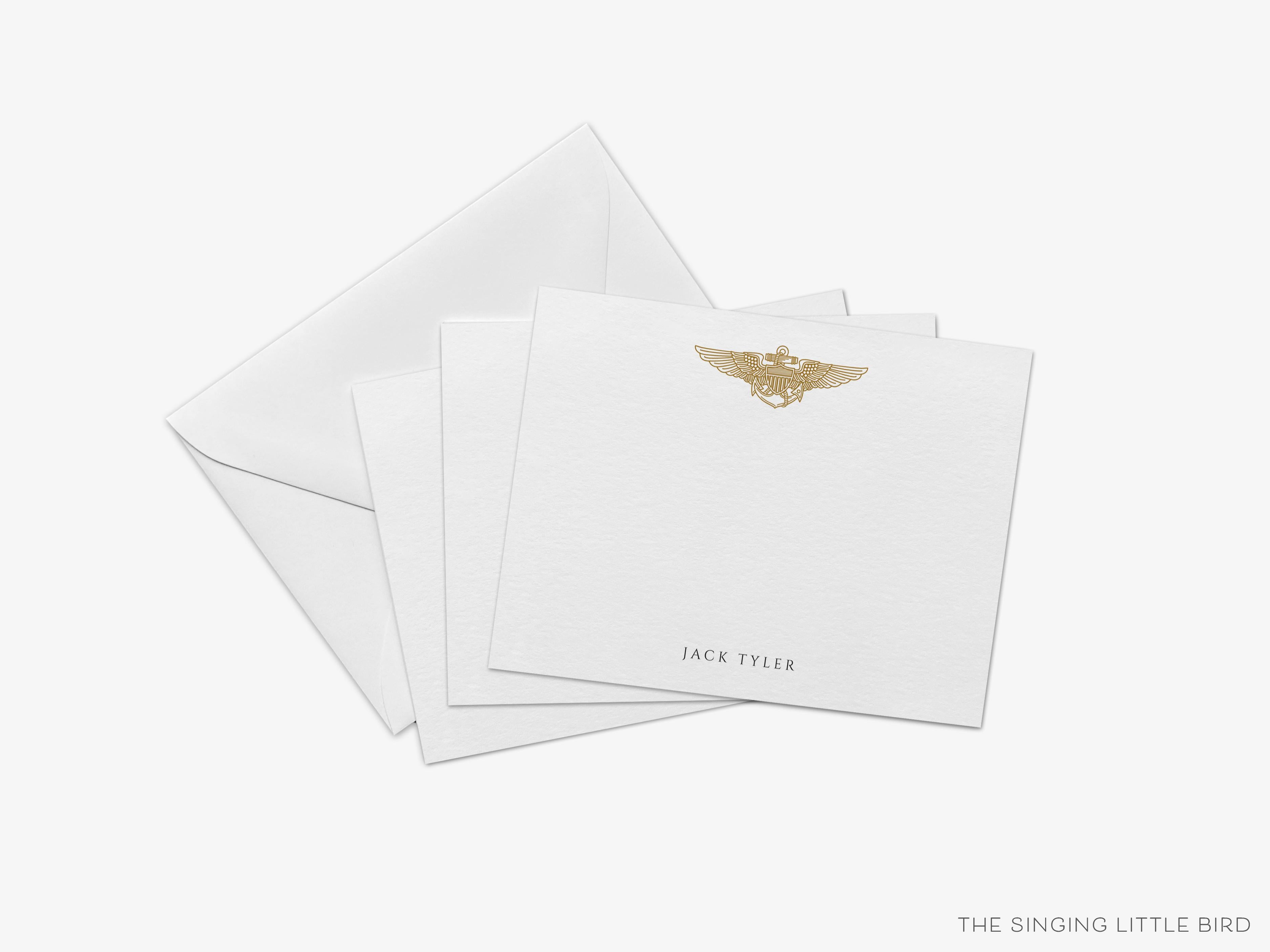 Personalized Naval Aviator Wings Flat Notes-These personalized flat notecards are 4.25x5.5 and feature the Navy Gold Wings Military Emblem, printed in the USA on 120lb textured stock. They come with your choice of envelopes and make great thank yous and gifts for the military person in your life.-The Singing Little Bird