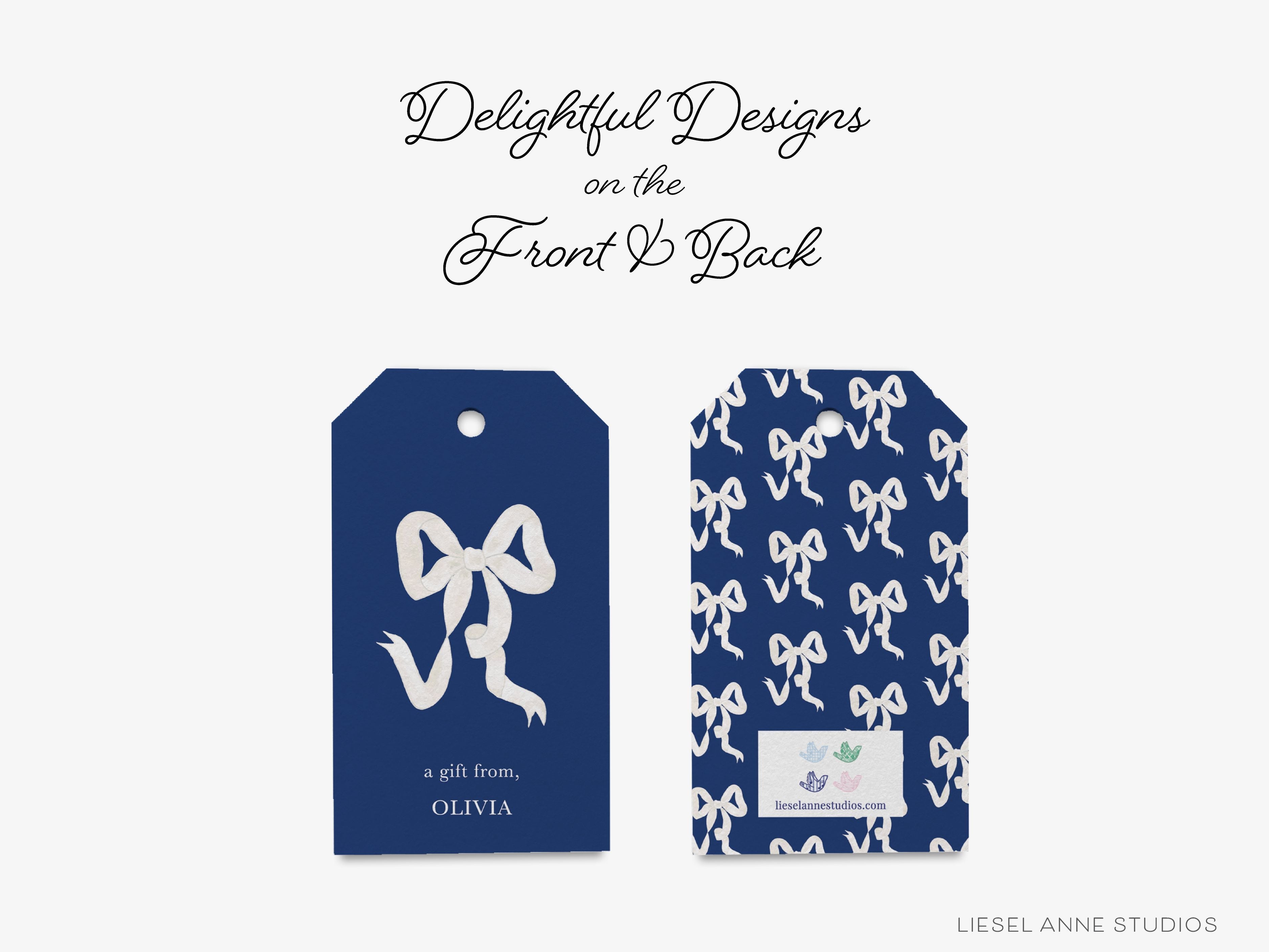 Personalized Navy Blue and White Bow Gift Tags-These gift tags come in sets, hole-punched with white twine and feature our hand-painted watercolor white bows with a navy blue background, printed in the USA on 120lb textured stock. They make great tags for gifting or gifts for the bow lover in your life.-The Singing Little Bird