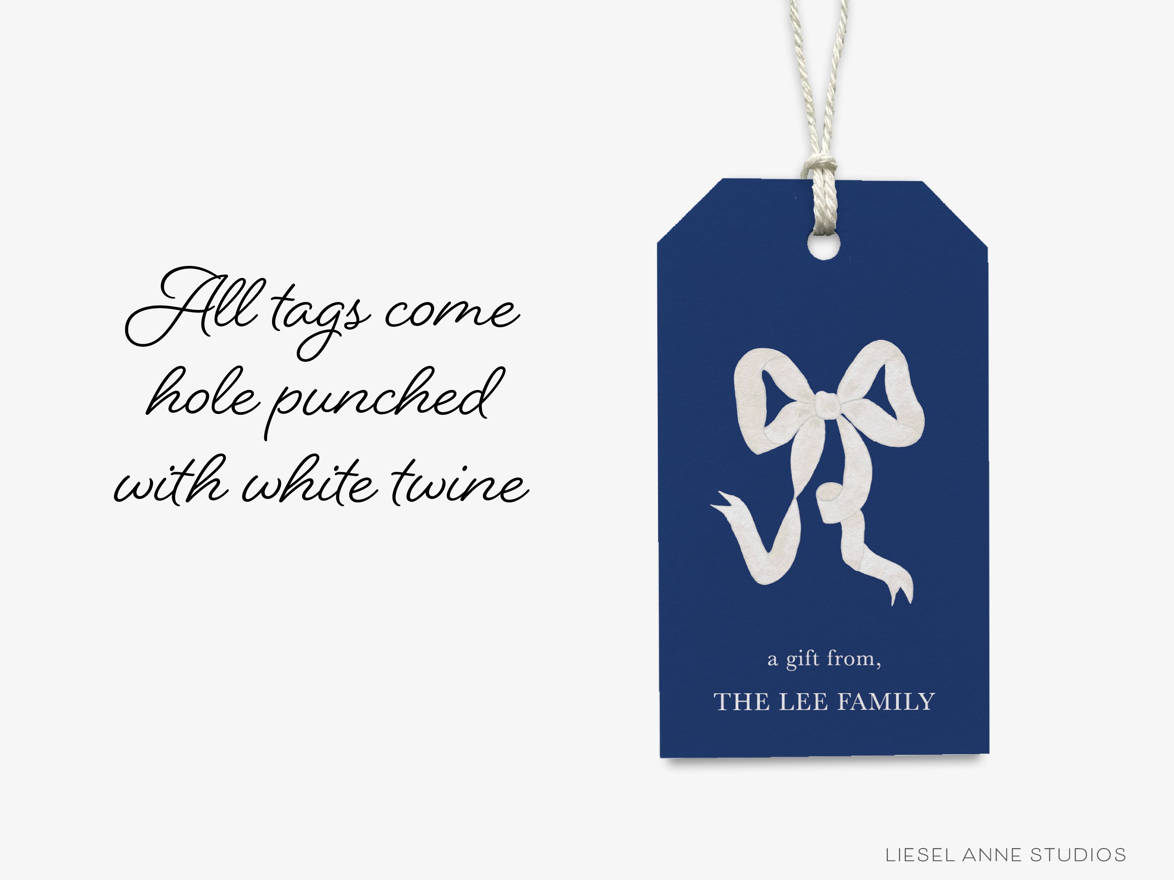 Personalized Navy Blue and White Bow Gift Tags-These gift tags come in sets, hole-punched with white twine and feature our hand-painted watercolor white bows with a navy blue background, printed in the USA on 120lb textured stock. They make great tags for gifting or gifts for the bow lover in your life.-The Singing Little Bird