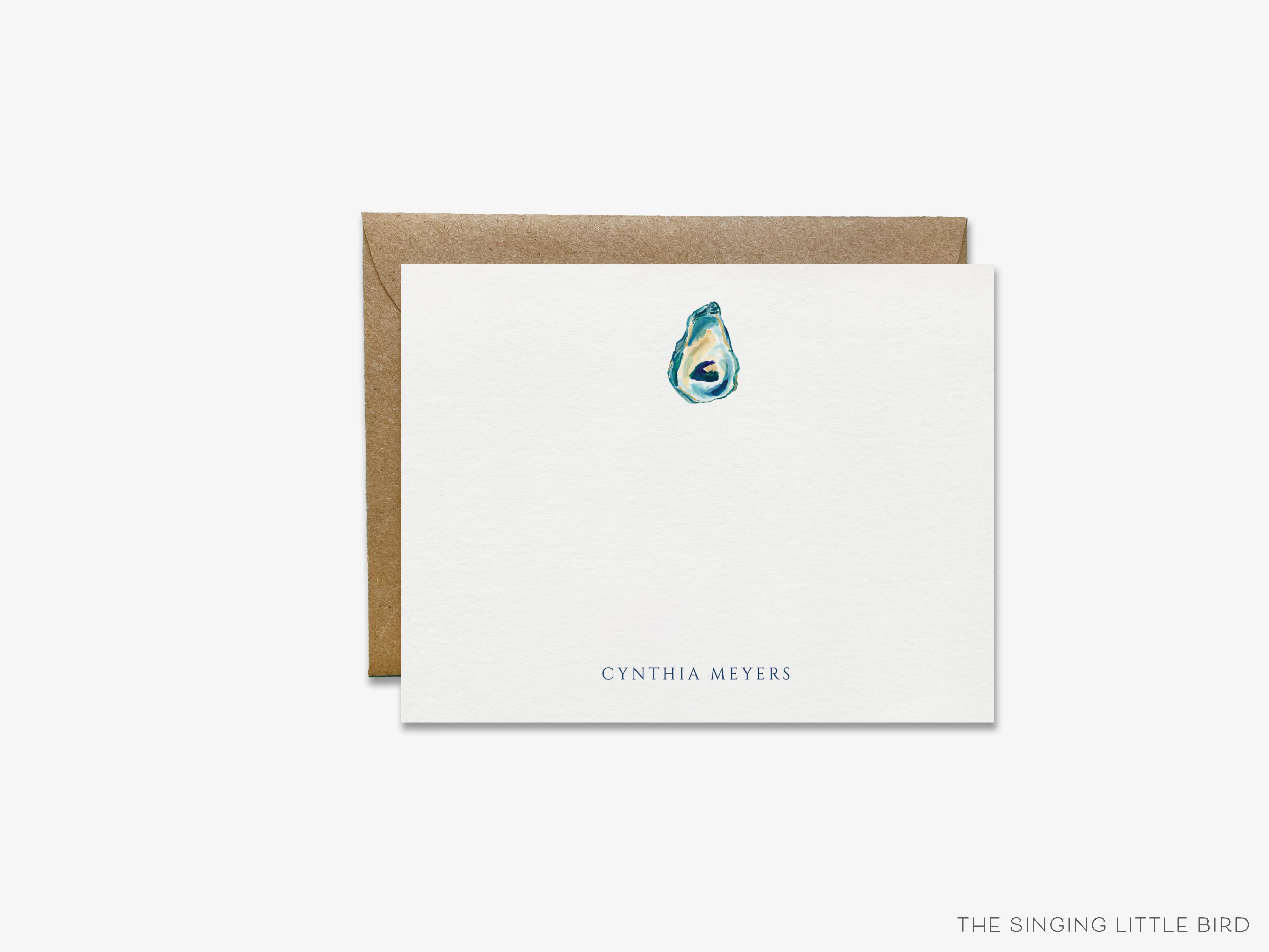 Personalized Oyster Flat Notes-These personalized flat notecards are 4.25x5.5 and feature our hand-painted watercolor oyster, printed in the USA on 120lb textured stock. They come with your choice of envelopes and make great thank yous and gifts for the beach lover in your life.-The Singing Little Bird