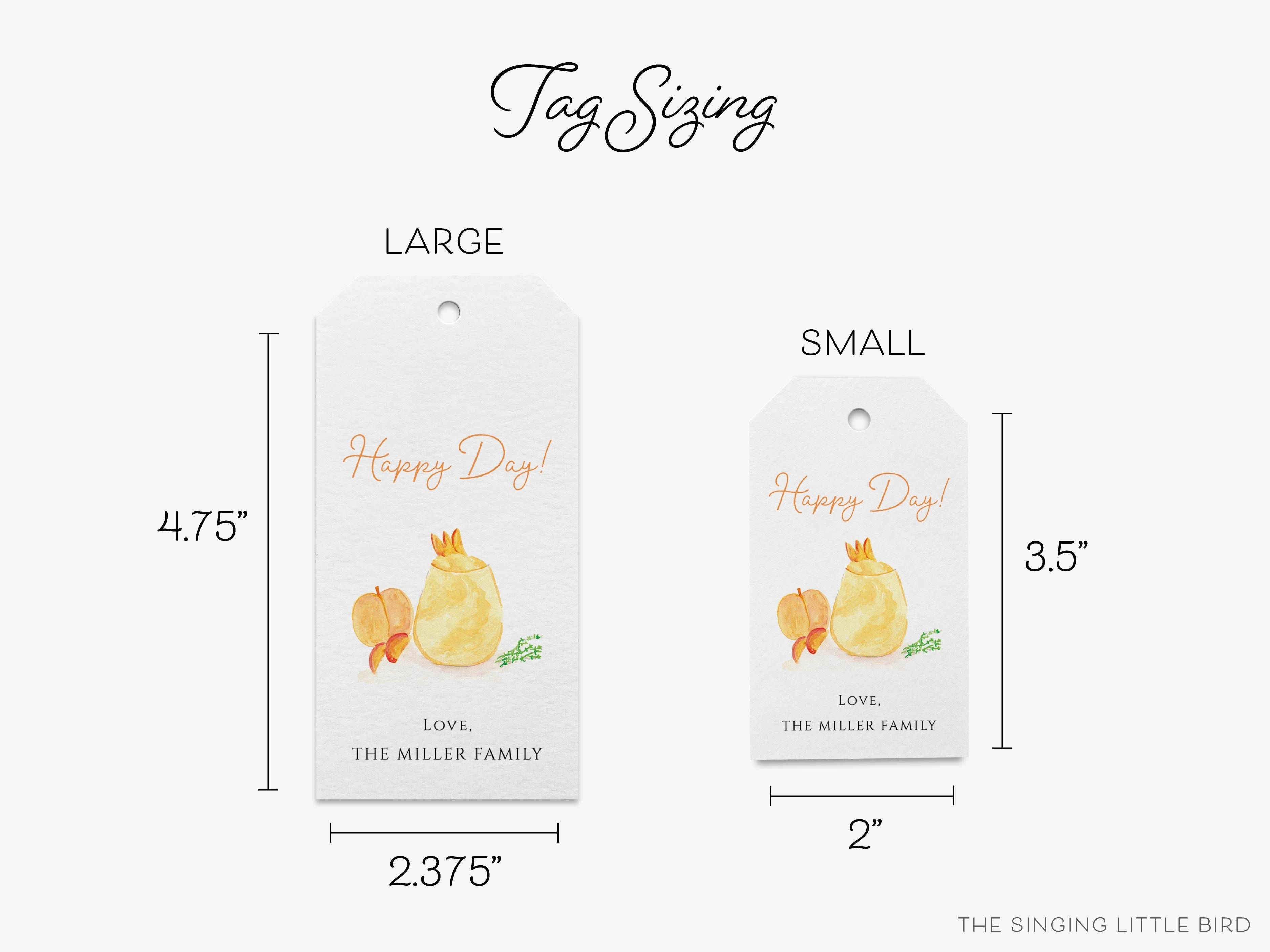Personalized Peach Bellini Happy Day Gift Tags-These gift tags come in sets, hole-punched with white twine and feature our hand-painted watercolor peach and cocktail glass, printed in the USA on 120lb textured stock. They make great tags for gifting or gifts for the cocktail lover in your life.-The Singing Little Bird