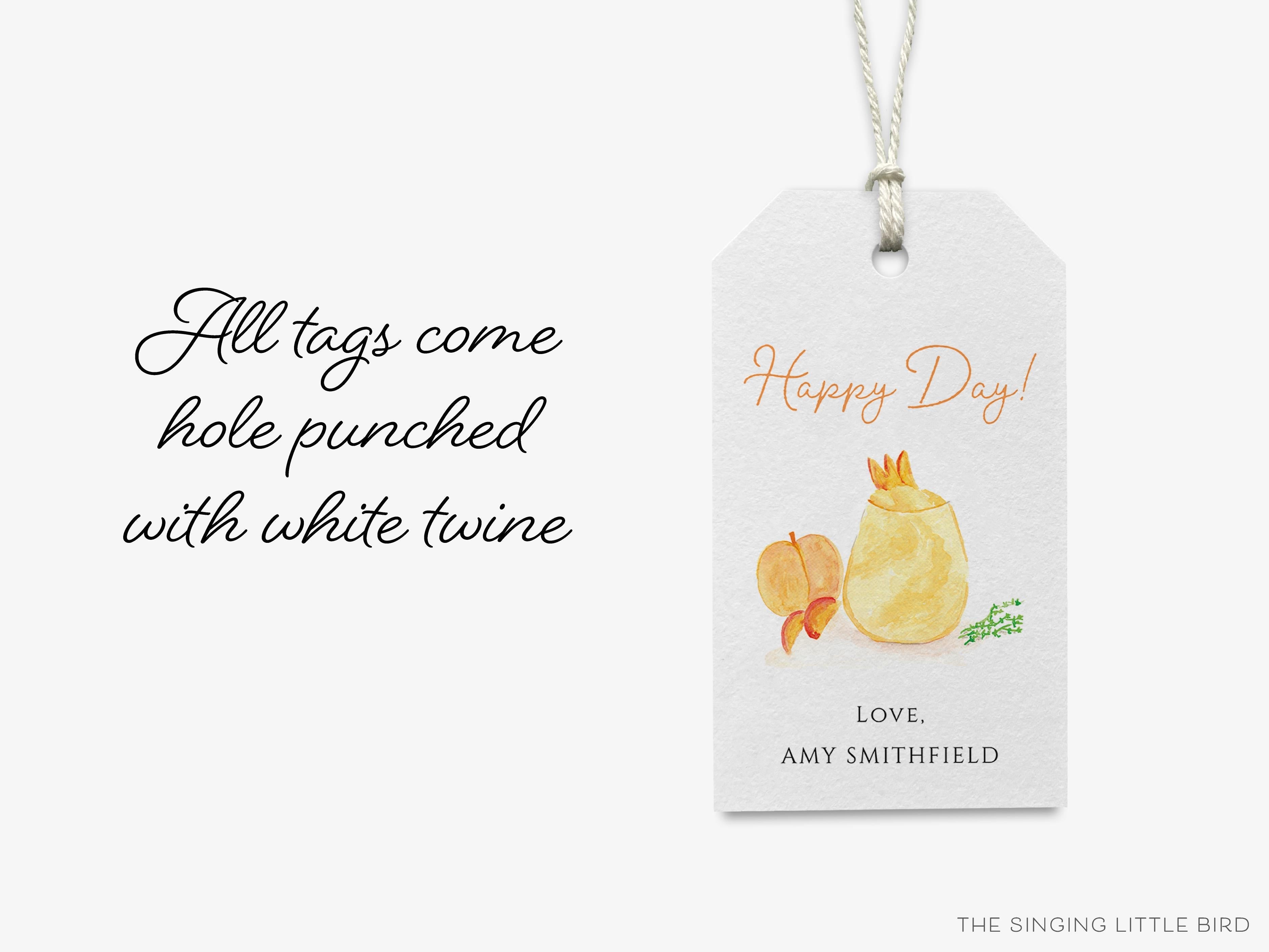 Personalized Peach Bellini Happy Day Gift Tags-These gift tags come in sets, hole-punched with white twine and feature our hand-painted watercolor peach and cocktail glass, printed in the USA on 120lb textured stock. They make great tags for gifting or gifts for the cocktail lover in your life.-The Singing Little Bird
