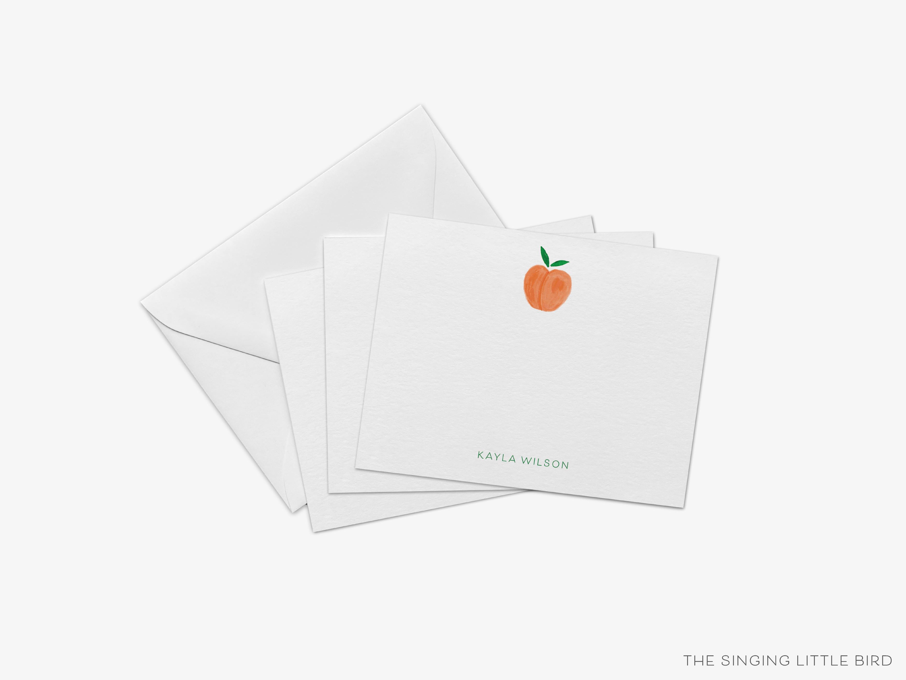 Personalized Peach Flat Notes-These personalized flat notecards are 4.25x5.5 and feature our hand-painted watercolor peach, printed in the USA on 120lb textured stock. They come with your choice of envelopes and make great thank yous and gifts for the fruit lover in your life.-The Singing Little Bird