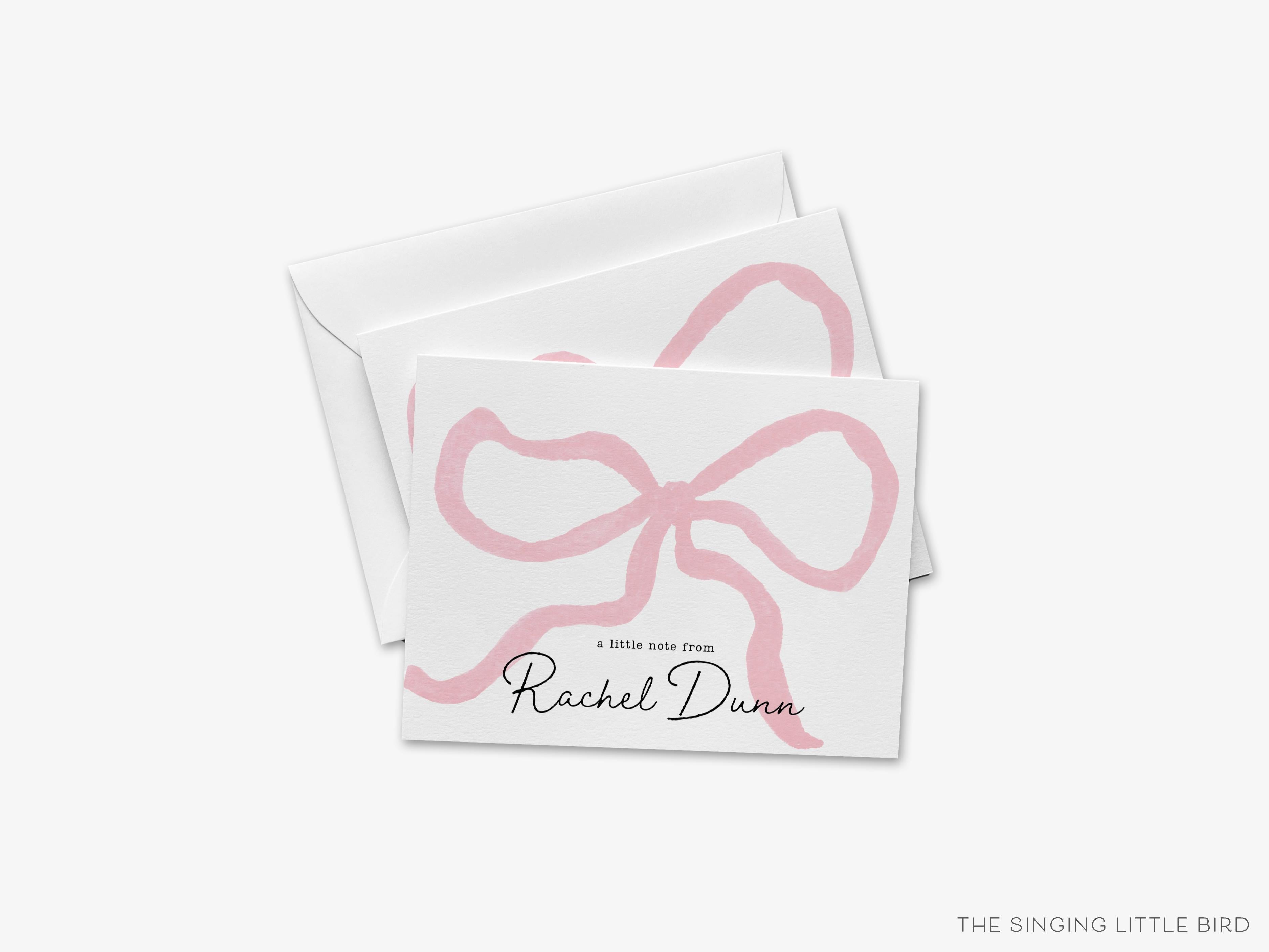 Personalized Pink Bow Greeting Cards-These folded greeting cards are 4.25x5.5 and feature our hand-painted pink bow, printed in the USA on 100lb textured stock. They come with a White or Kraft envelope and make a great thank you card for the feminine lover in your life.-The Singing Little Bird