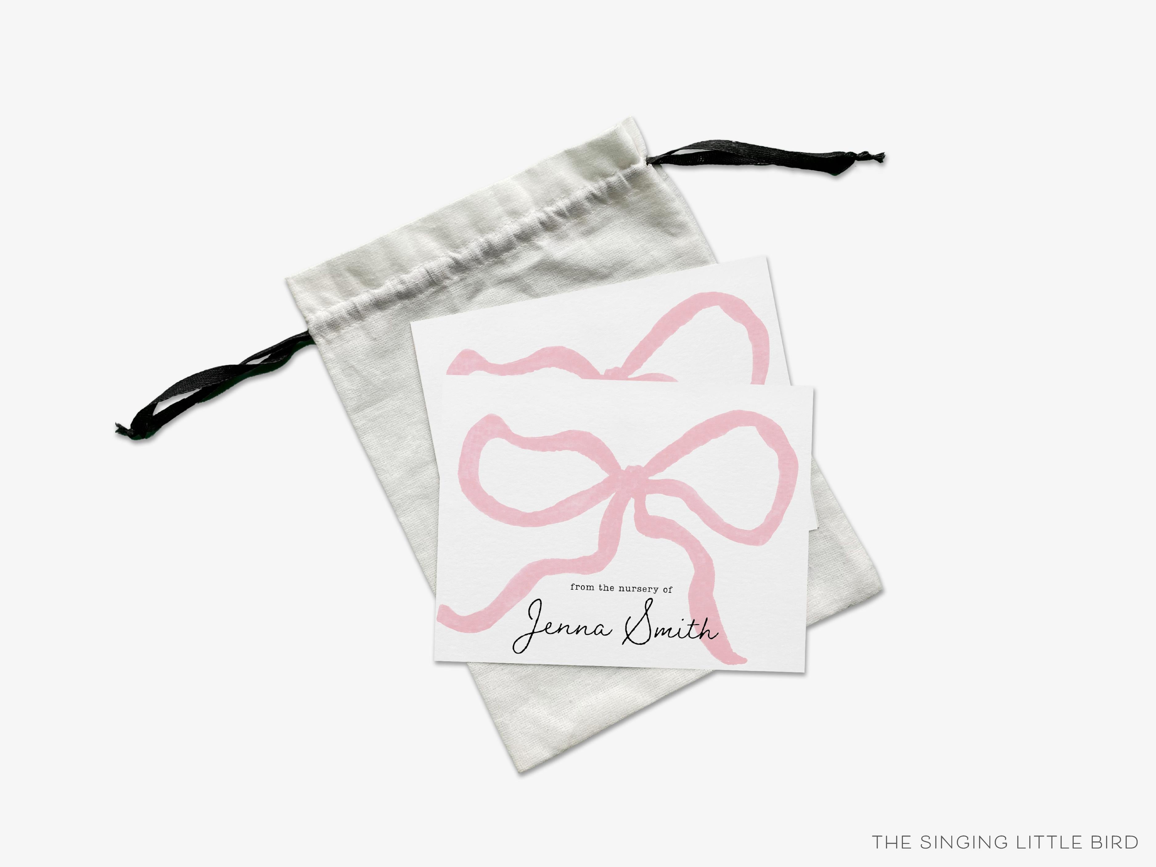 Personalized Pink Bow Greeting Cards-These folded greeting cards are 4.25x5.5 and feature our hand-painted pink bow, printed in the USA on 100lb textured stock. They come with a White or Kraft envelope and make a great thank you card for the feminine lover in your life.-The Singing Little Bird
