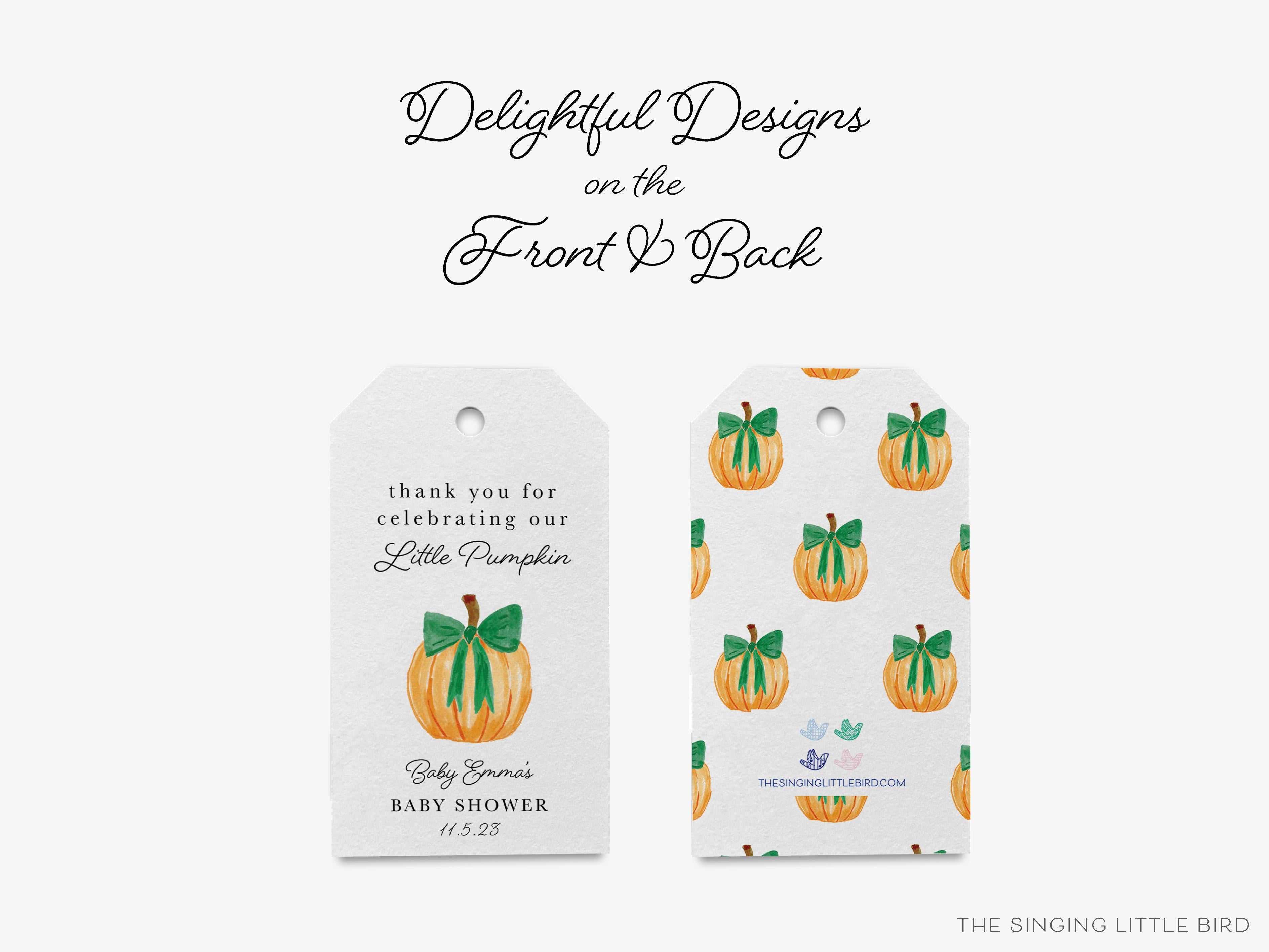 Personalized Pumpkin Baby Shower Favor Tags-These gift tags come in sets, hole-punched with white twine and feature our hand-painted watercolor pumpkin, printed in the USA on 120lb textured stock. They make great tags for favor Fall season babies in your life.-The Singing Little Bird