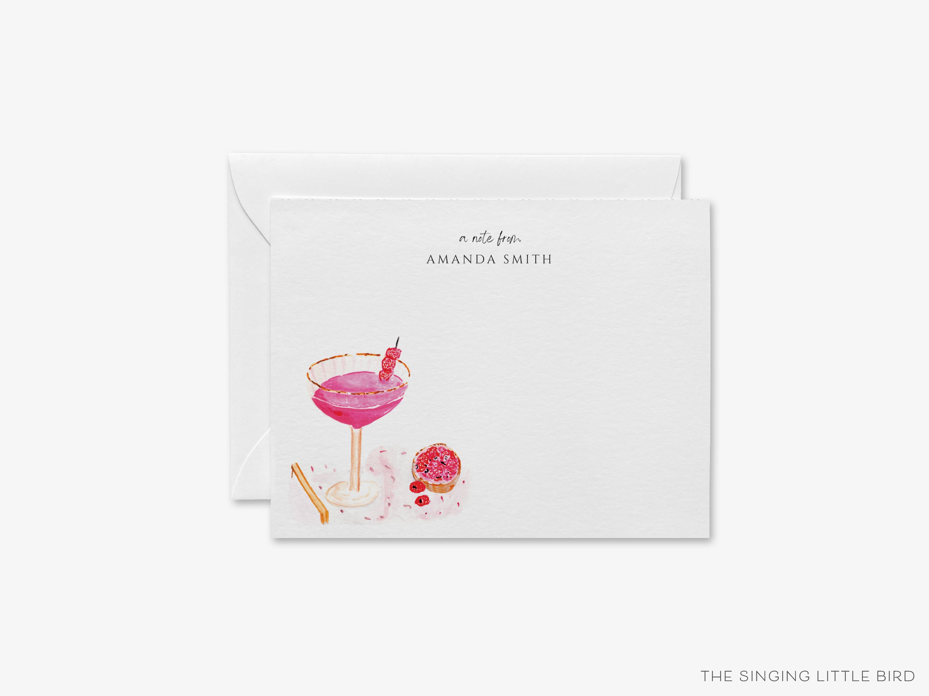 Personalized Raspberry Cream Cocktail Flat Notes-These personalized flat notecards are 4.25x5.5 and feature our hand-painted watercolor raspberries and cocktail glass, printed in the USA on 120lb textured stock. They come with your choice of envelopes and make great thank yous and gifts for the cocktail lover in your life.-The Singing Little Bird