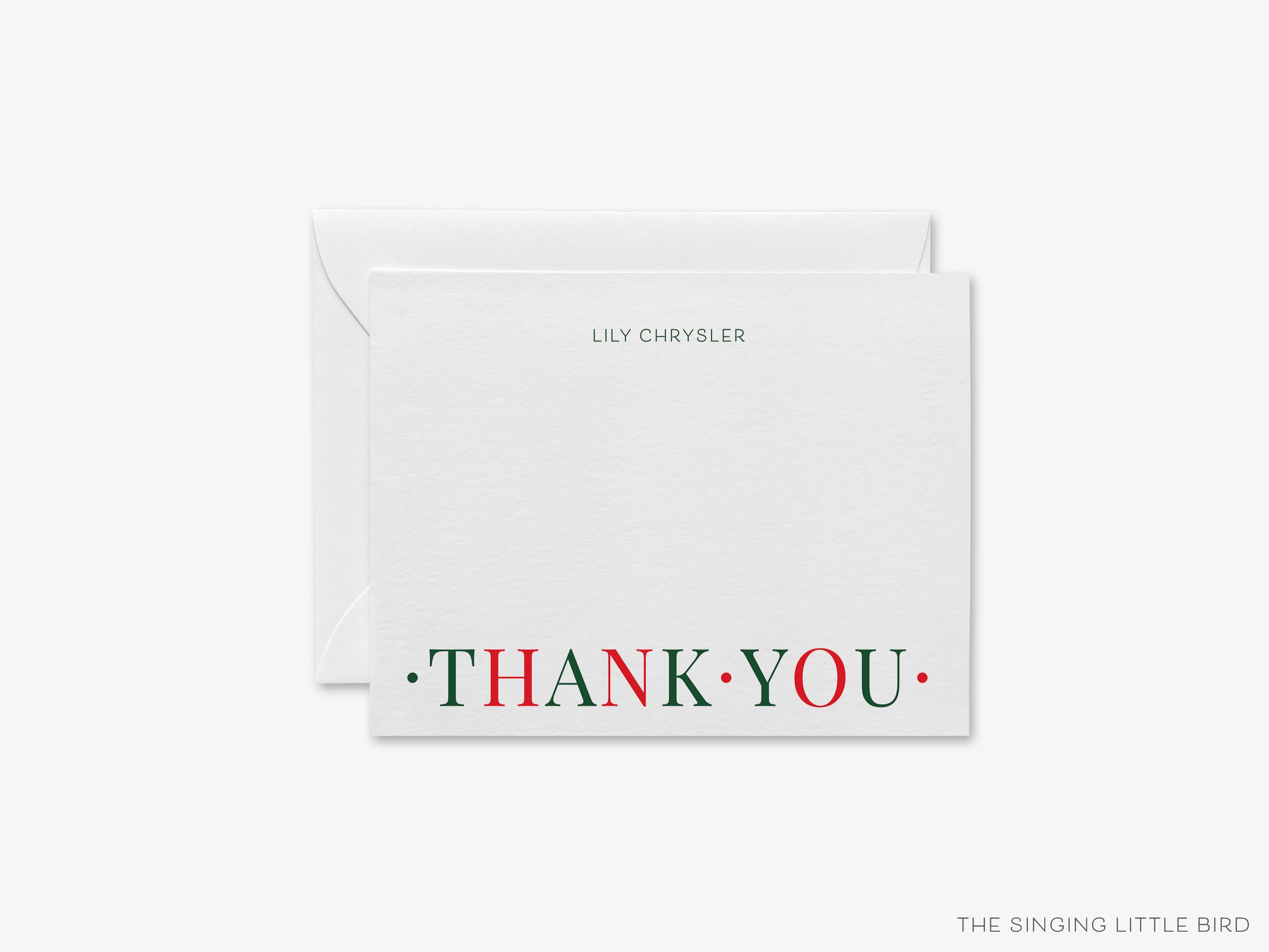 Personalized Red and Green Christmas Thank You Notes-These personalized flat notecards are 4.25x5.5 and feature our hand-painted watercolor red and green print, printed in the USA on 120lb textured stock. They come with your choice of envelopes and make great thank yous and gifts for the holiday lover in your life.-The Singing Little Bird