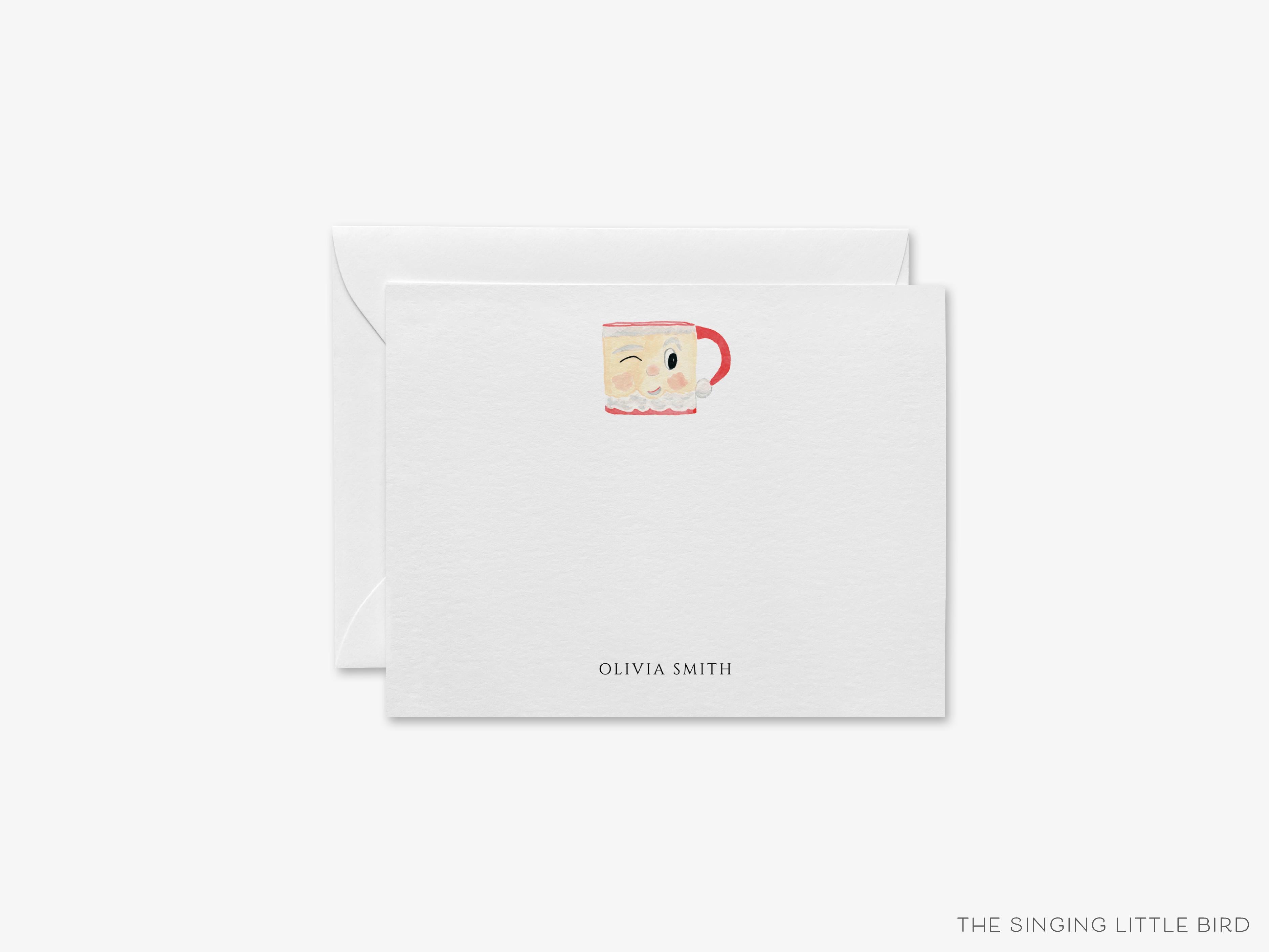 Personalized Santa Mug Christmas Flat Notes-These personalized flat notecards are 4.25x5.5 and feature our hand-painted watercolor Santa mug, printed in the USA on 120lb textured stock. They come with your choice of envelopes and make great thank yous and gifts for the vintage Christmas lover in your life.-The Singing Little Bird