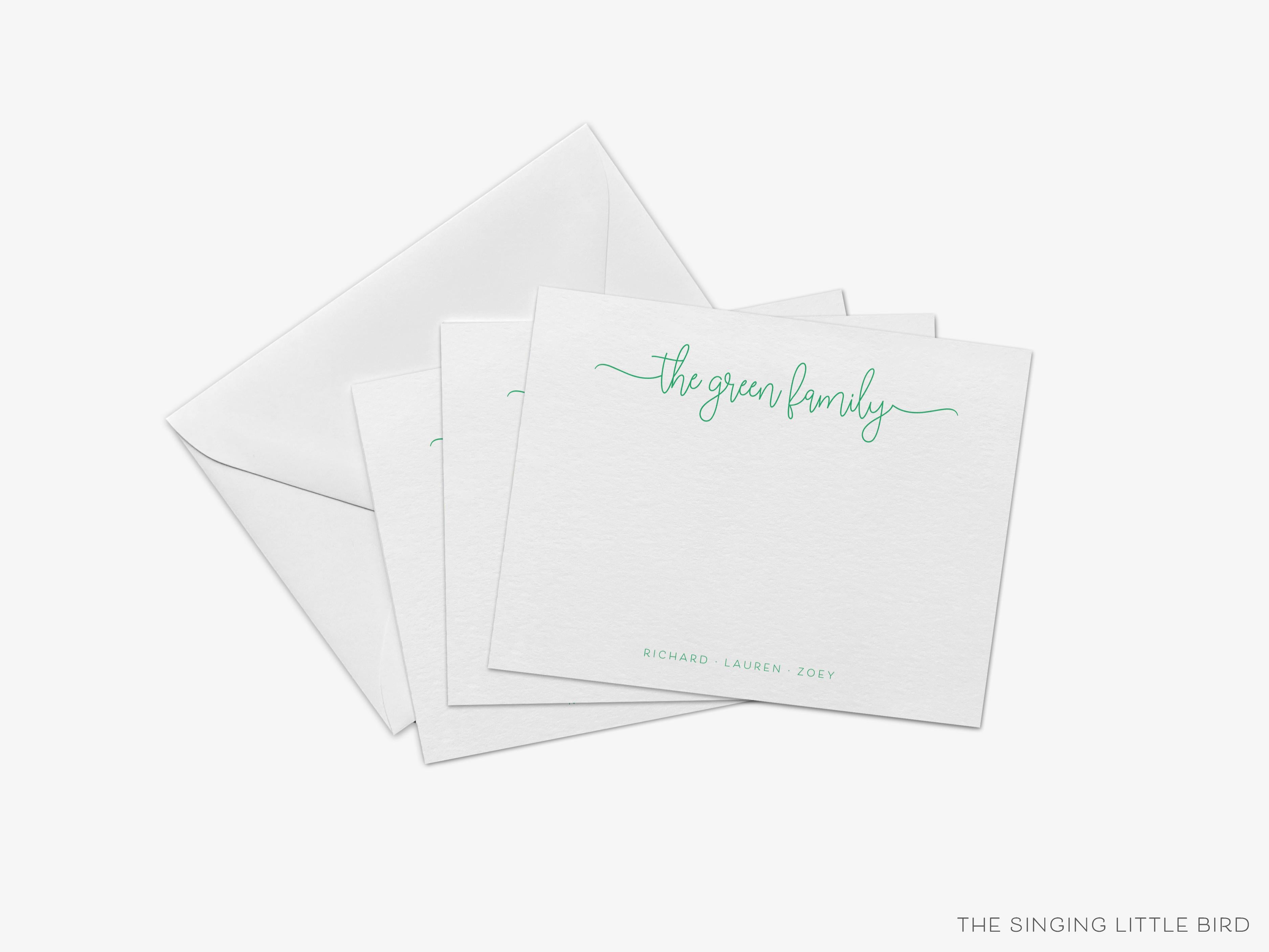 Personalized Script Family Flat Notes-These personalized flat notecards are 4.25x5.5 and feature our hand-painted watercolor script print, printed in the USA on 120lb textured stock. They come with your choice of envelopes and make great thank yous and gifts for the modern lover in your life.-The Singing Little Bird