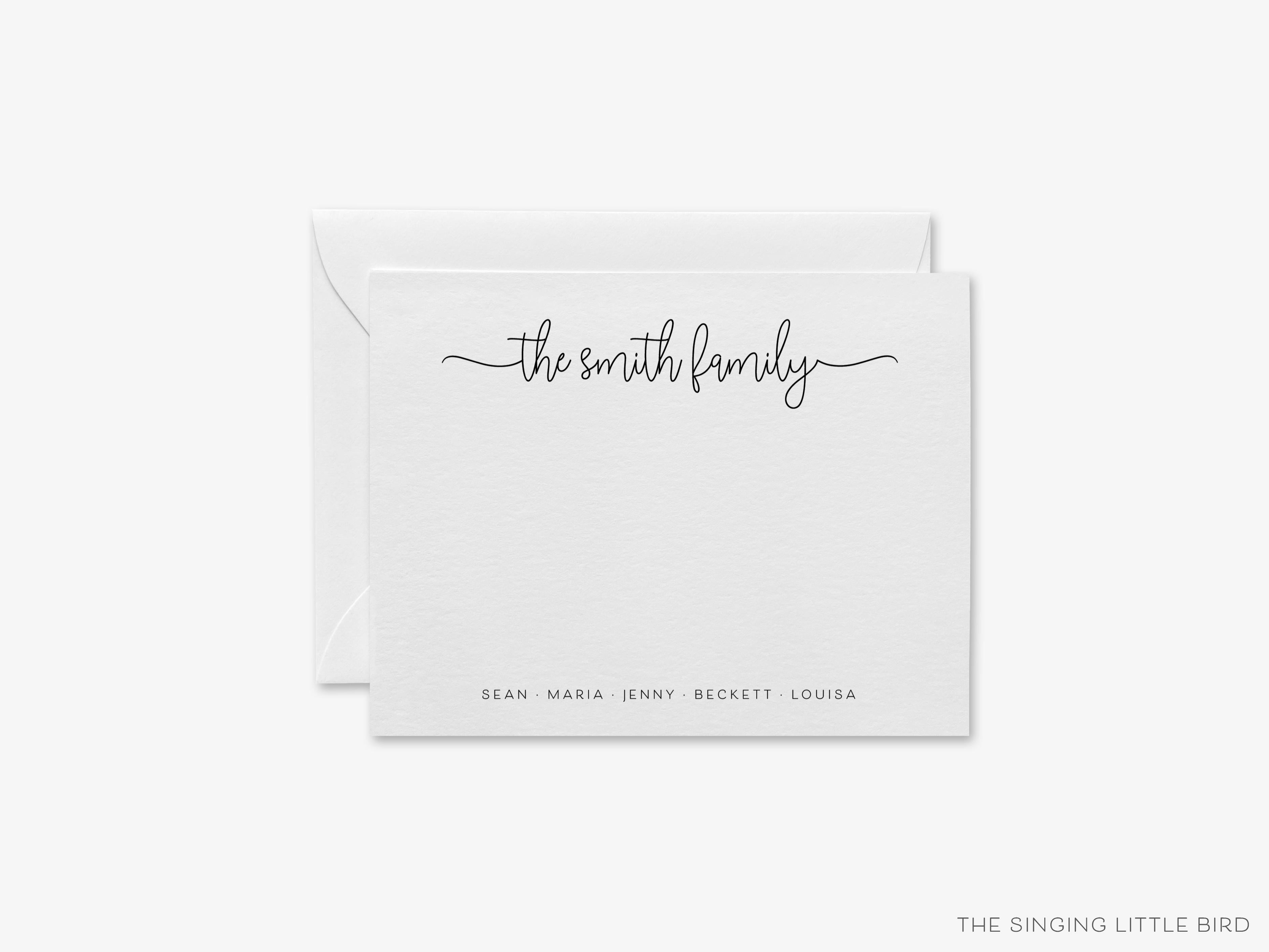 Personalized Script Family Flat Notes-These personalized flat notecards are 4.25x5.5 and feature our hand-painted watercolor script print, printed in the USA on 120lb textured stock. They come with your choice of envelopes and make great thank yous and gifts for the modern lover in your life.-The Singing Little Bird