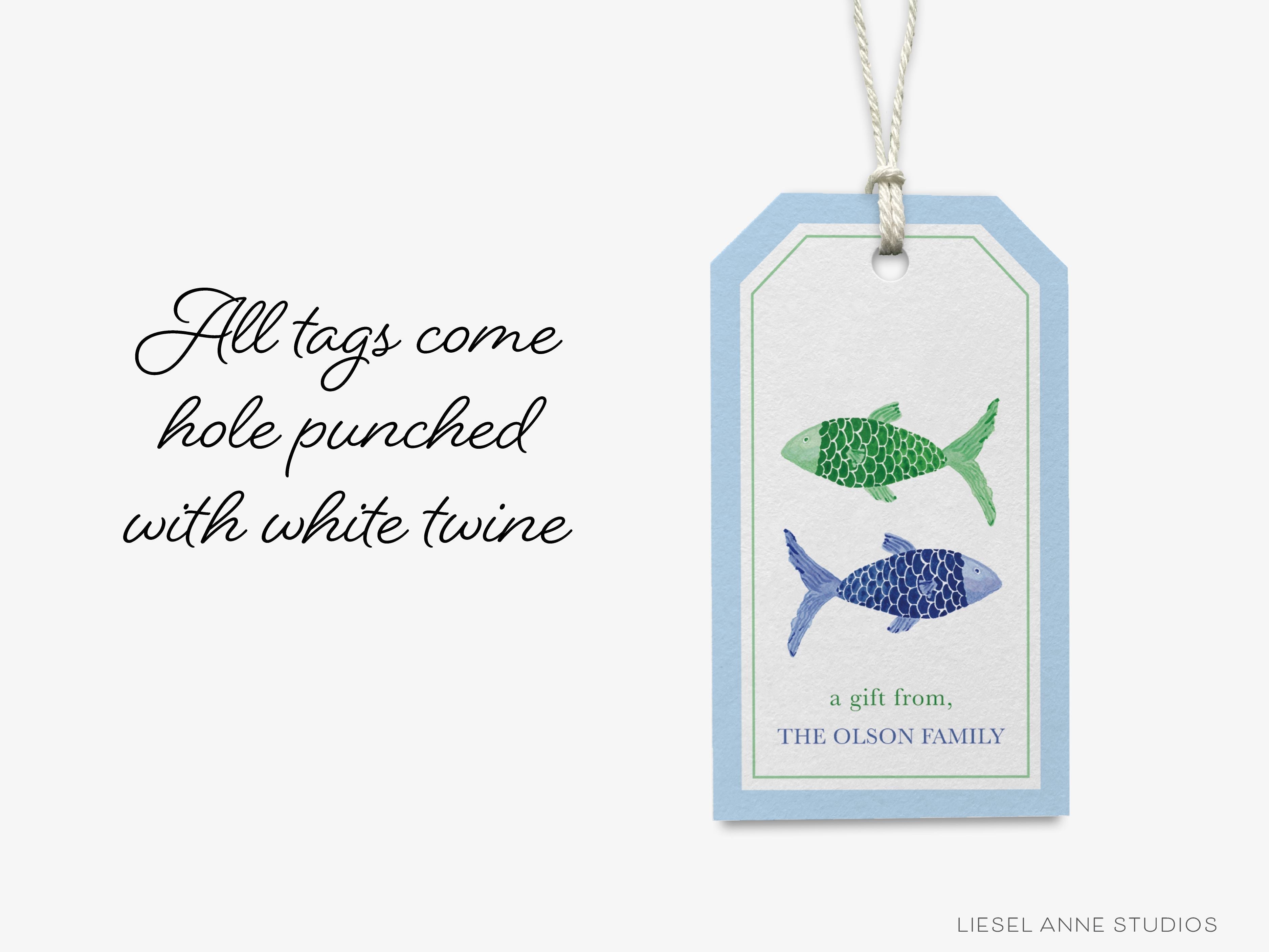 Personalized Small Fish Gift Tags-These gift tags come in sets, hole-punched with white twine and feature our hand-painted watercolor fish, printed in the USA on 120lb textured stock. They make great tags for gifting or gifts for the fish lover in your life.-The Singing Little Bird