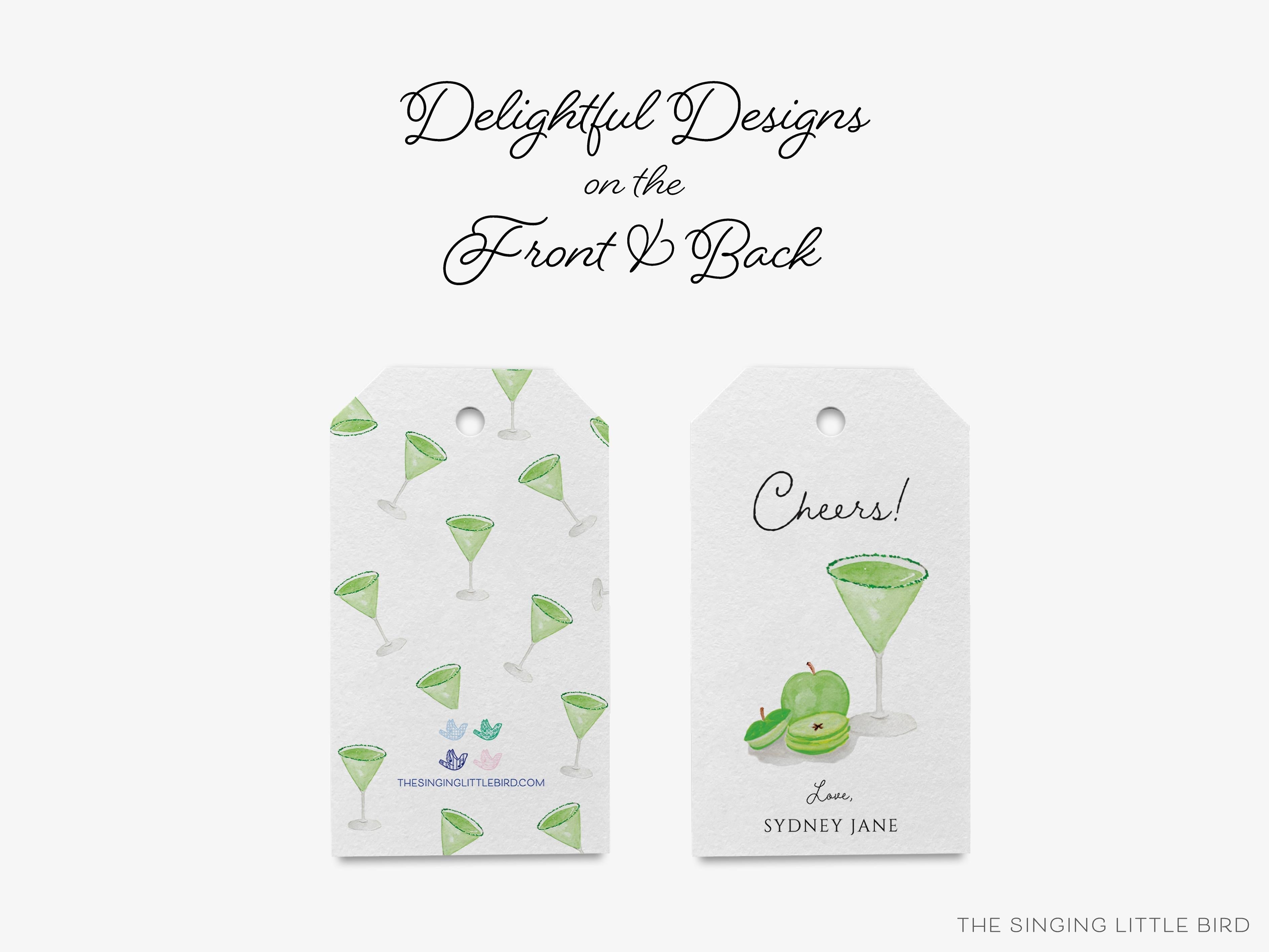 Personalized Sour Apple Martini Cheers Gift Tags-These gift tags come in sets, hole-punched with white twine and feature our hand-painted watercolor apple and martini glass, printed in the USA on 120lb textured stock. They make great tags for gifting or gifts for the cocktail lover in your life.-The Singing Little Bird