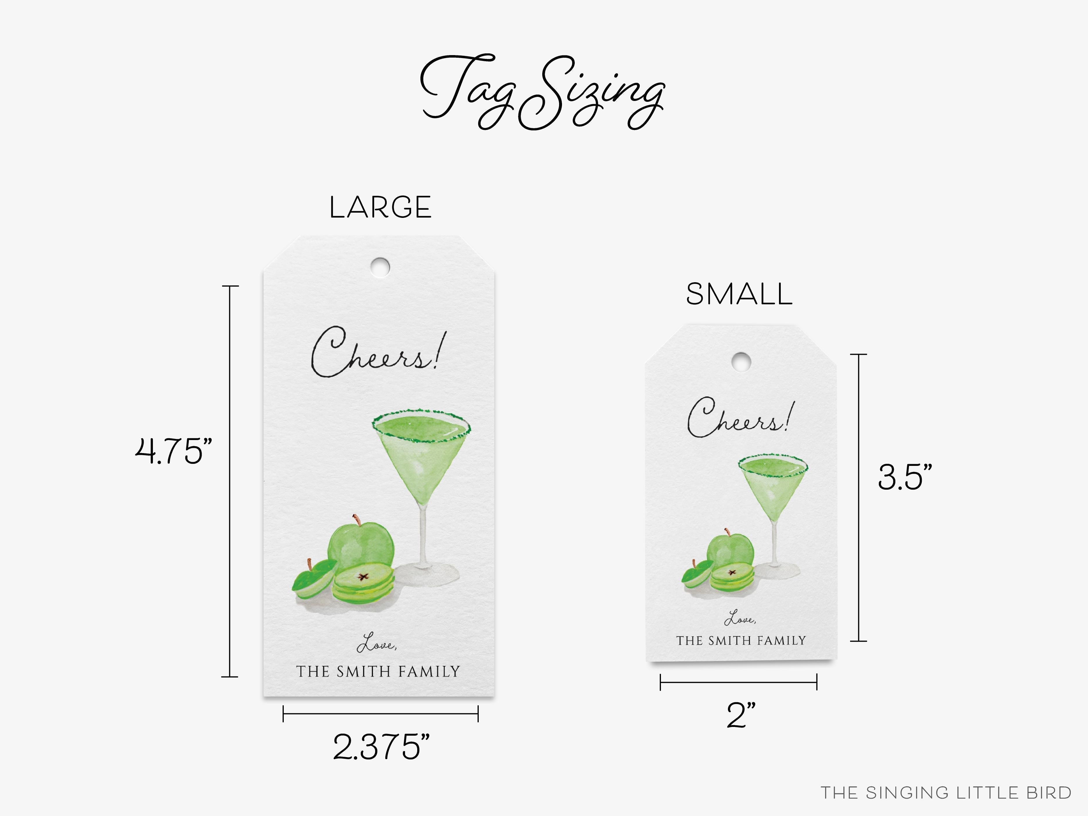 Personalized Sour Apple Martini Cheers Gift Tags-These gift tags come in sets, hole-punched with white twine and feature our hand-painted watercolor apple and martini glass, printed in the USA on 120lb textured stock. They make great tags for gifting or gifts for the cocktail lover in your life.-The Singing Little Bird