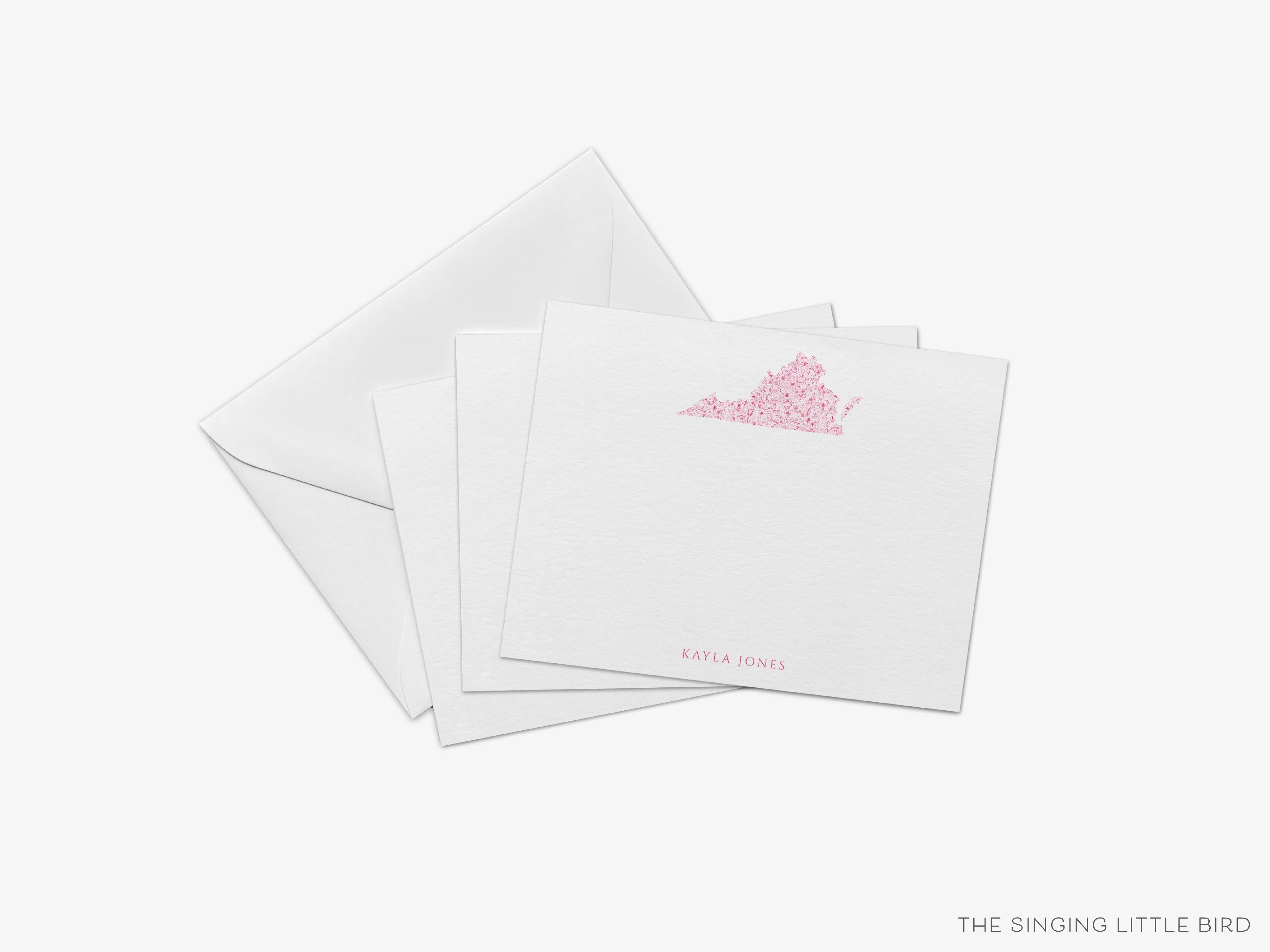 Personalized State of Virginia Flat Notes-These personalized flat notecards are 4.25x5.5 and feature our hand-painted watercolor flowers inside of a state outline, printed in the USA on 120lb textured stock. They come with your choice of envelopes and make great thank yous and gifts for the Virginia lover in your life.-The Singing Little Bird