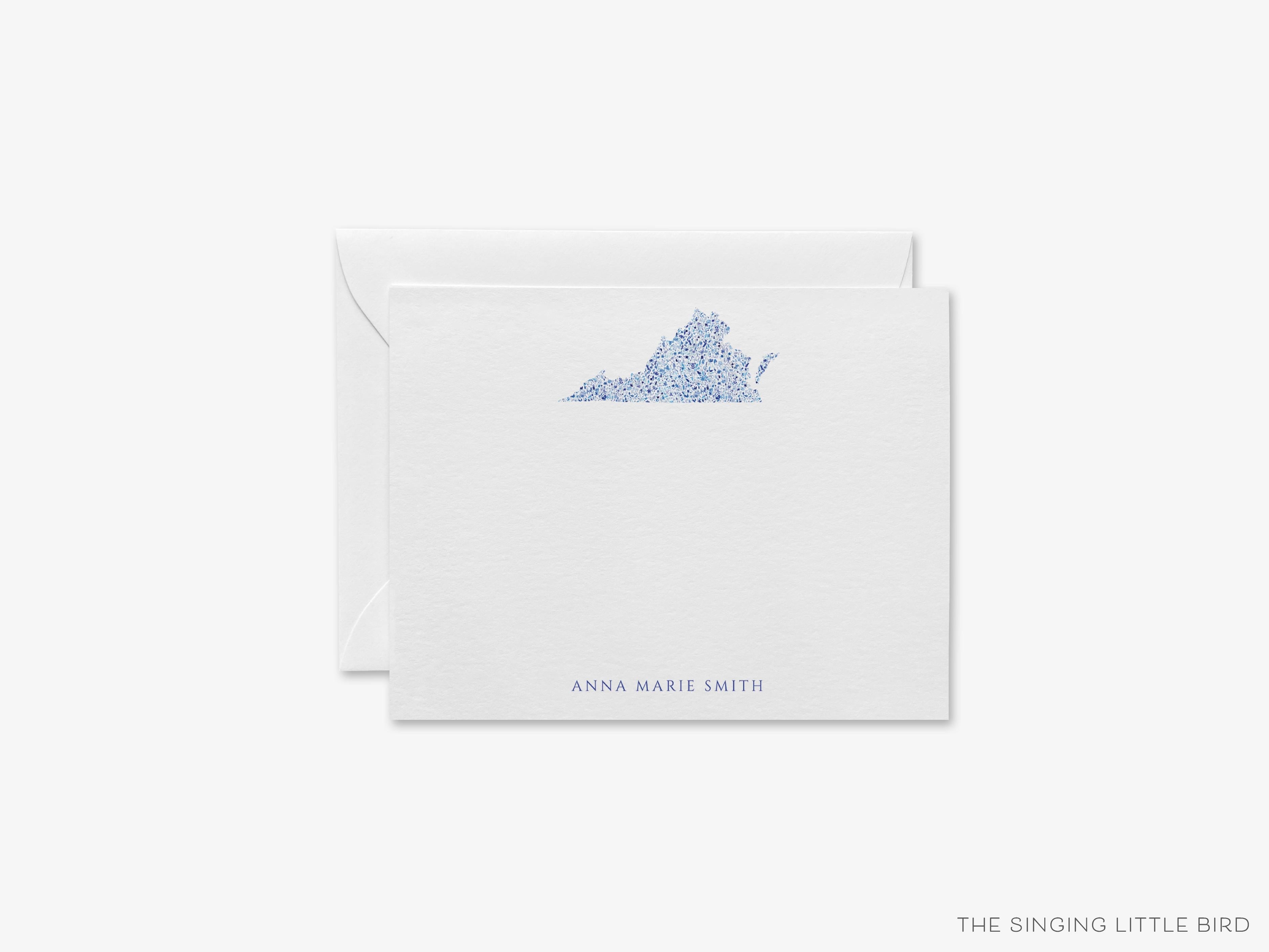 Personalized State of Virginia Flat Notes-These personalized flat notecards are 4.25x5.5 and feature our hand-painted watercolor flowers inside of a state outline, printed in the USA on 120lb textured stock. They come with your choice of envelopes and make great thank yous and gifts for the Virginia lover in your life.-The Singing Little Bird