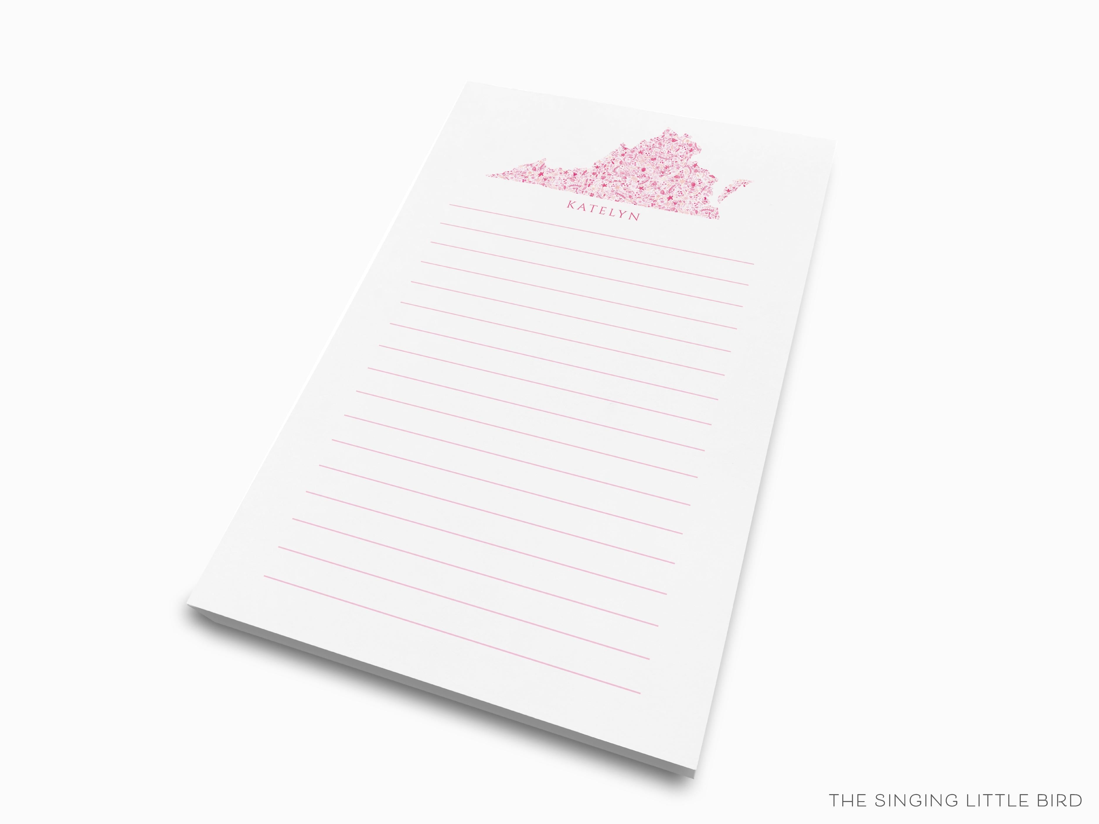 Personalized State of Virginia Notepad-These personalized notepads feature our hand-painted watercolor floral pattern in the shape of Virginia, printed in the USA on a beautiful smooth stock. You choose which size you want (or bundled together for a beautiful gift set) and makes a great gift for the checklist and Virginian lover in your life.-The Singing Little Bird