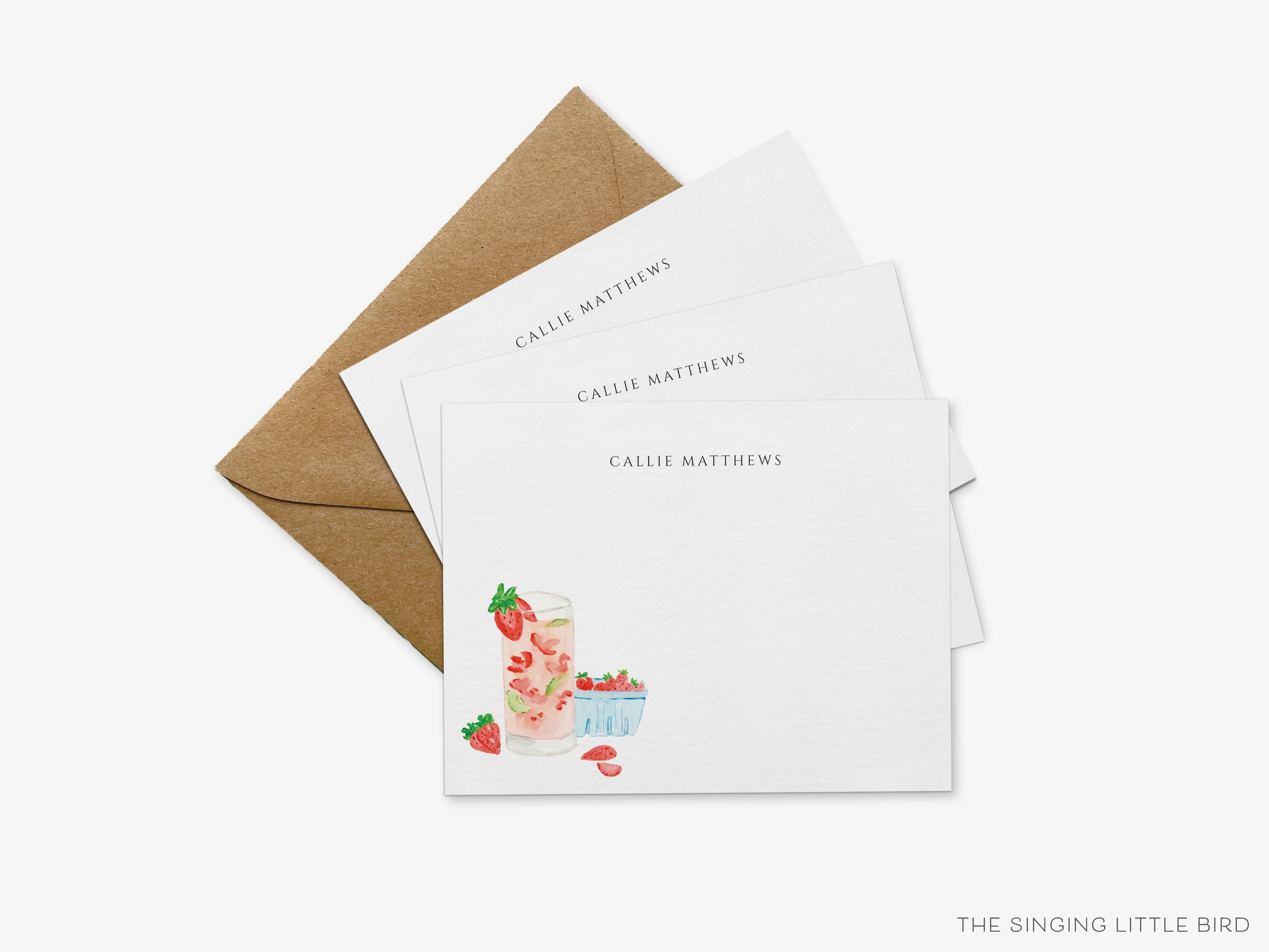 Personalized Strawberry Basil Cocktail Flat Notes-These personalized flat notecards are 4.25x5.5 and feature our hand-painted watercolor strawberries and cocktail glass, printed in the USA on 120lb textured stock. They come with your choice of envelopes and make great thank yous and gifts for the cocktail lover in your life.-The Singing Little Bird