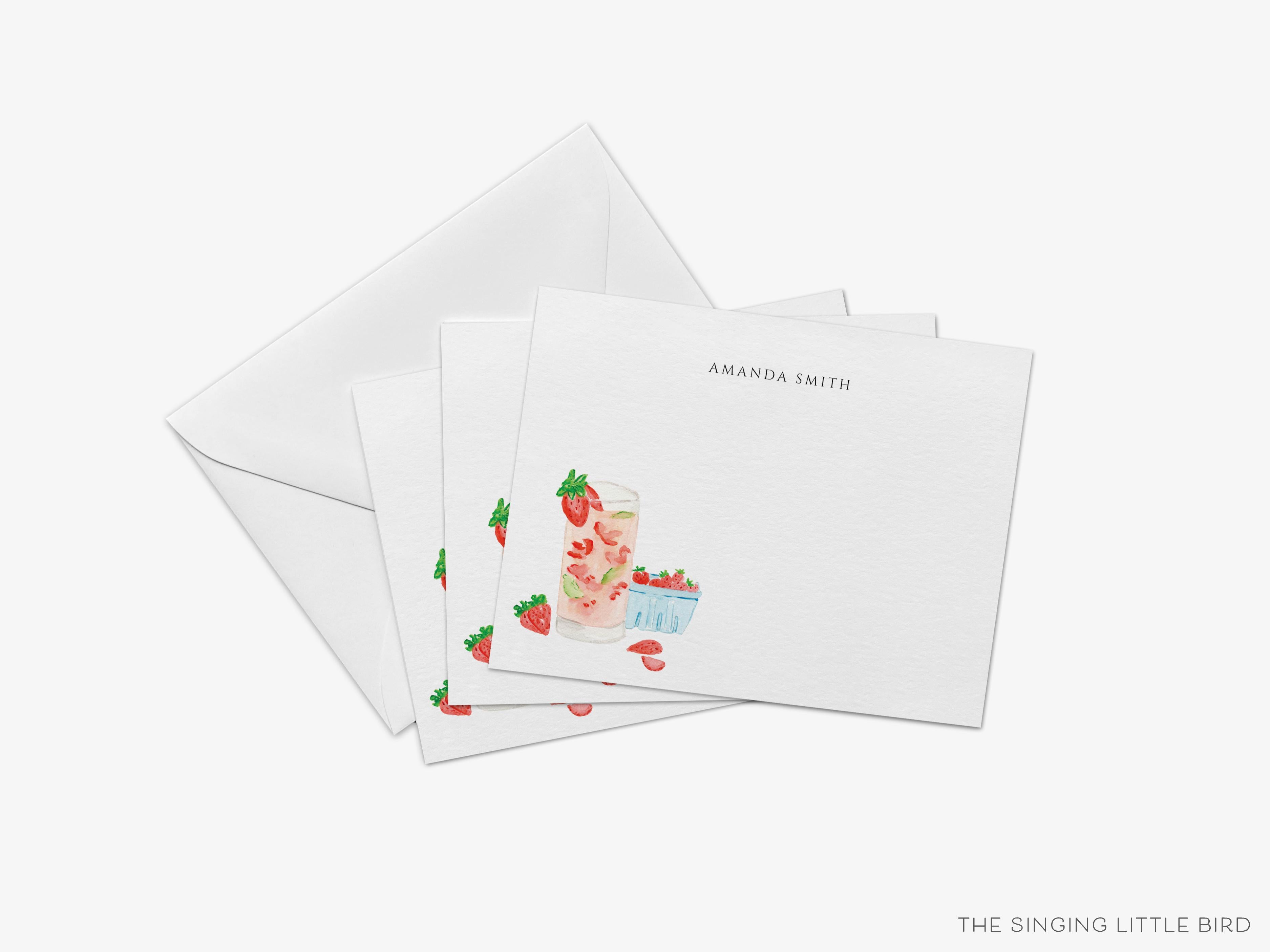 Personalized Strawberry Basil Cocktail Flat Notes-These personalized flat notecards are 4.25x5.5 and feature our hand-painted watercolor strawberries and cocktail glass, printed in the USA on 120lb textured stock. They come with your choice of envelopes and make great thank yous and gifts for the cocktail lover in your life.-The Singing Little Bird