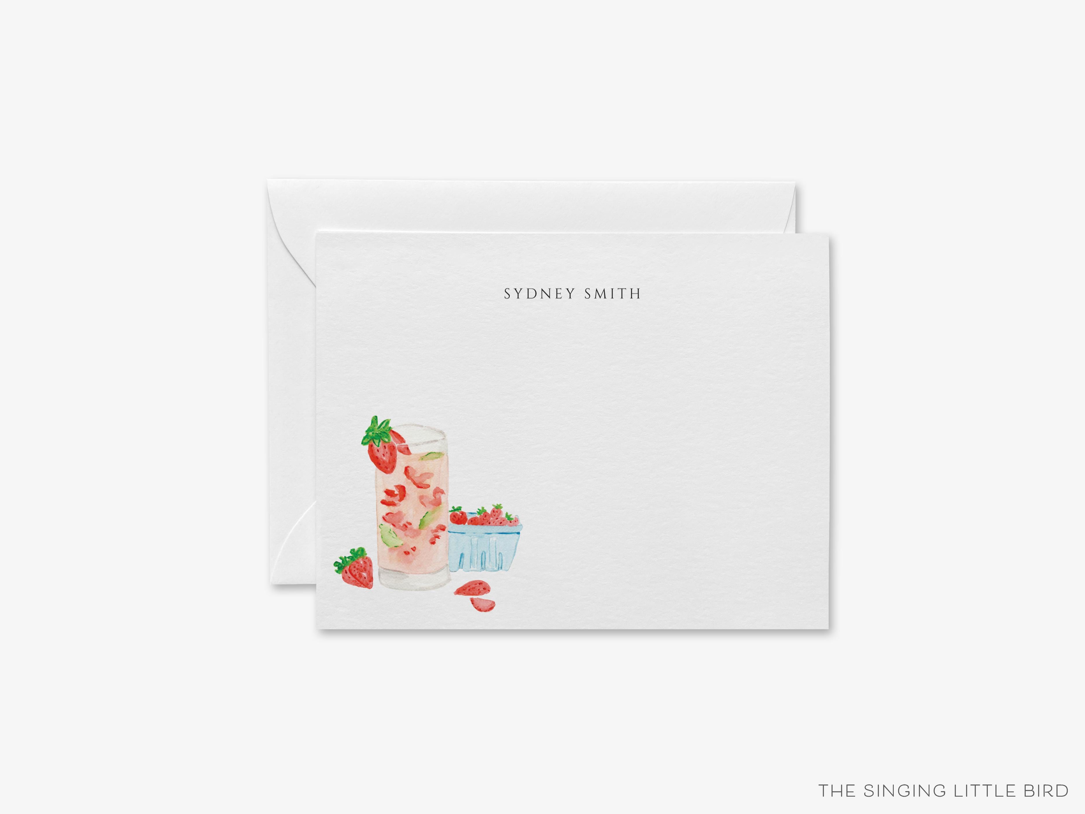 Personalized Strawberry Basil Cocktail Flat Notes-These personalized flat notecards are 4.25x5.5 and feature our hand-painted watercolor strawberries and cocktail glass, printed in the USA on 120lb textured stock. They come with your choice of envelopes and make great thank yous and gifts for the cocktail lover in your life.-The Singing Little Bird