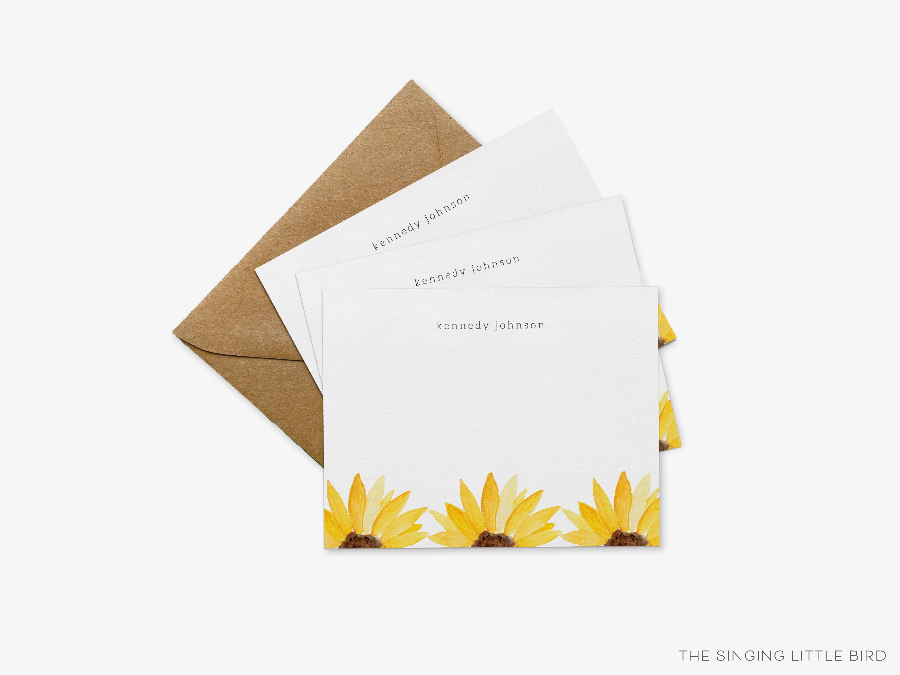Personalized Sunflower Trio Flat Notes-These personalized flat notecards are 4.25x5.5 and feature our hand-painted watercolor sunflowers, printed in the USA on 120lb textured stock. They come with your choice of envelopes and make great thank yous and gifts for the floral lover in your life.-The Singing Little Bird