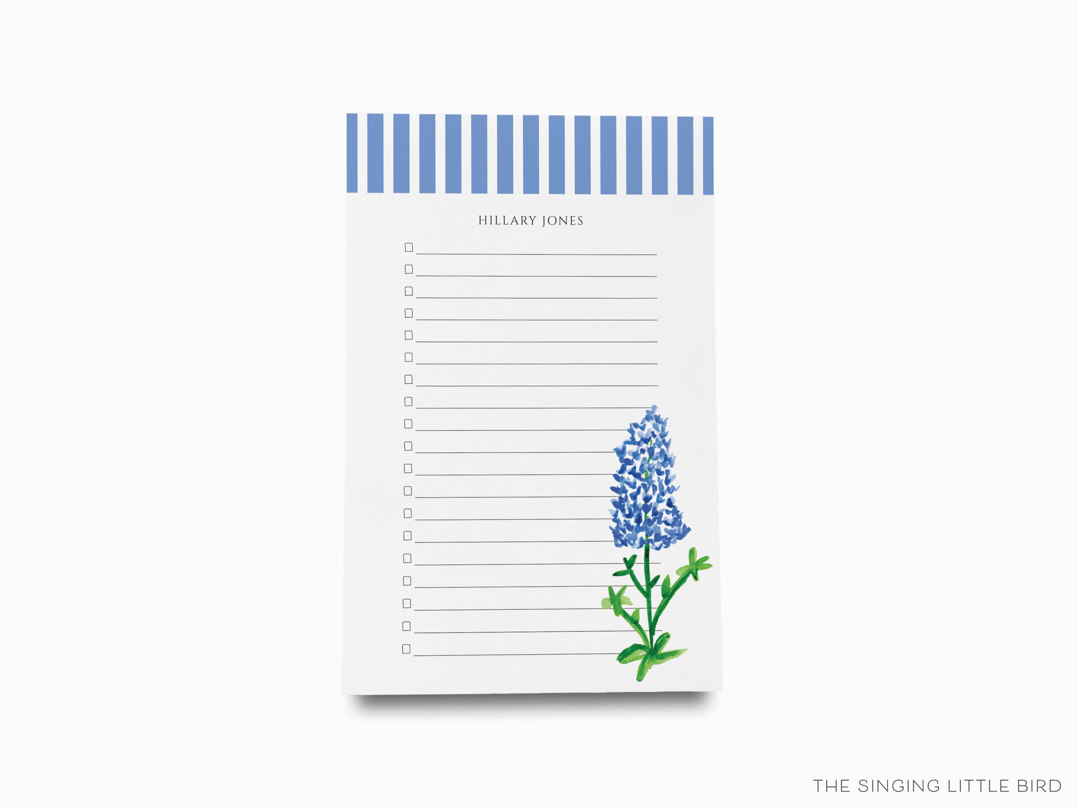 Personalized Texas Bluebonnet Notepad-These personalized notepads feature our hand-painted watercolor Texas bluebonnet, printed in the USA on a beautiful smooth stock. You choose which size you want (or bundled together for a beautiful gift set) and makes a great gift for the checklist and flower lover in your life.-The Singing Little Bird
