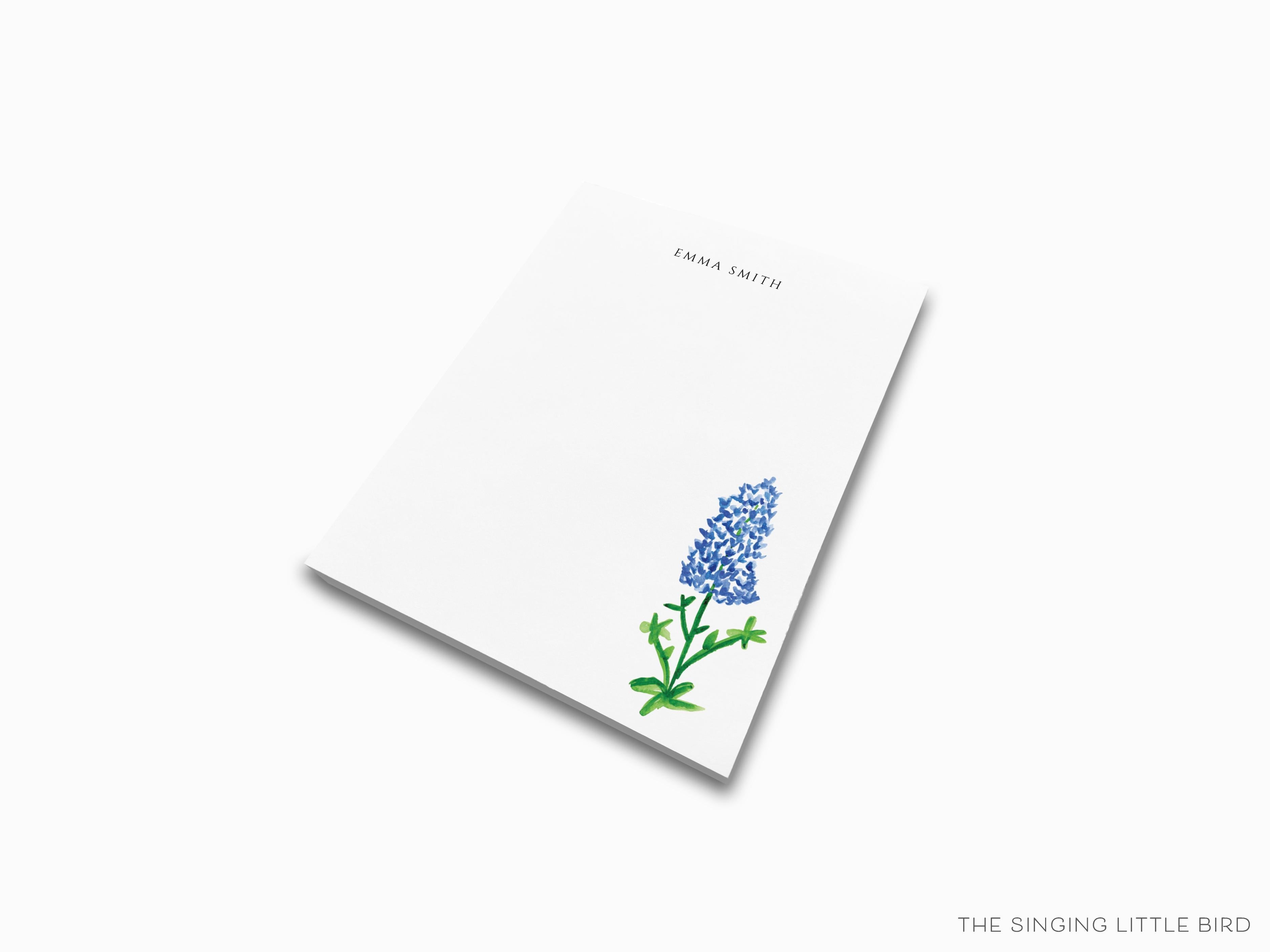 Personalized Texas Bluebonnet Notepad-These personalized notepads feature our hand-painted watercolor Texas bluebonnet, printed in the USA on a beautiful smooth stock. You choose which size you want (or bundled together for a beautiful gift set) and makes a great gift for the checklist and flower lover in your life.-The Singing Little Bird