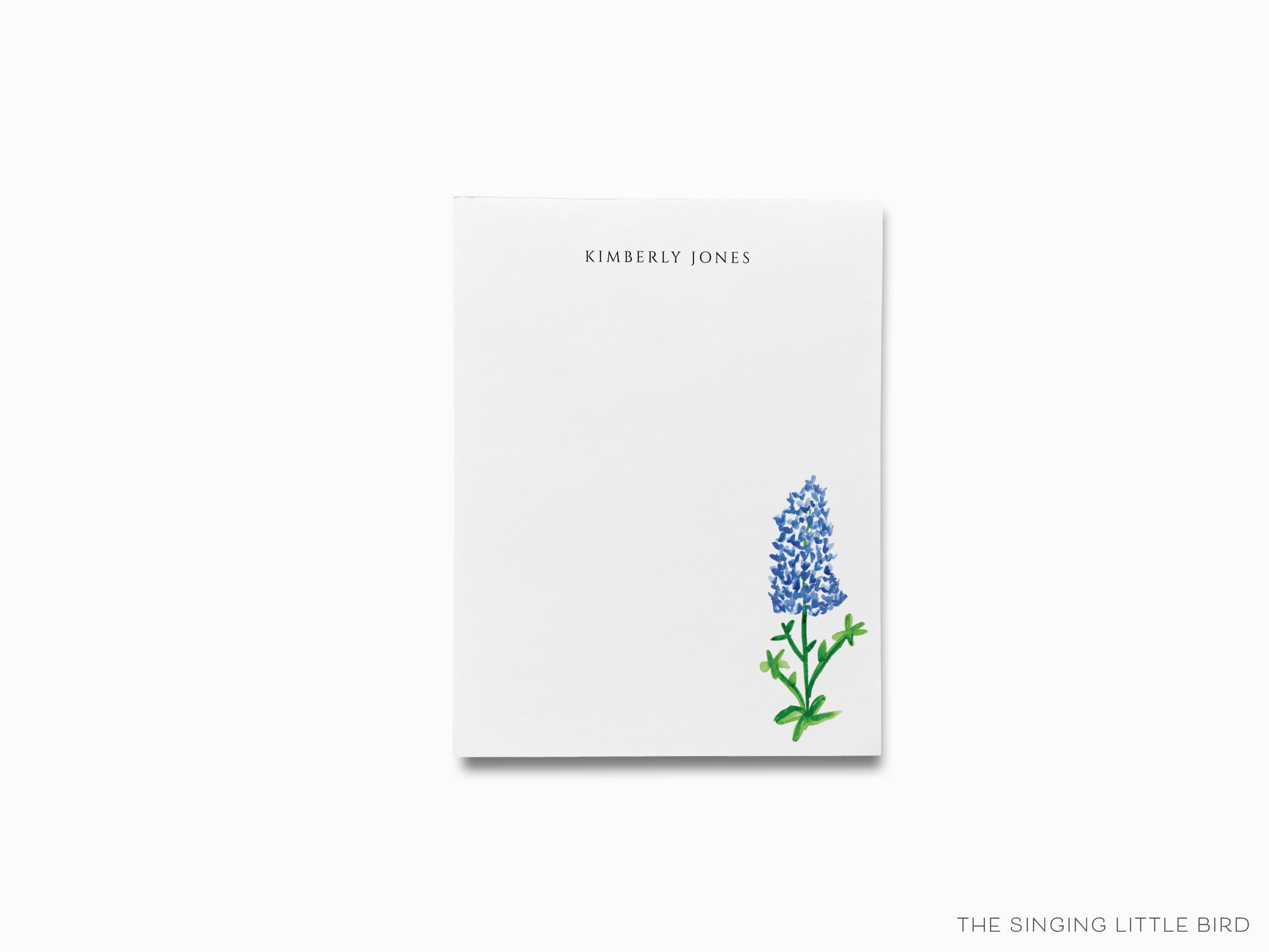 Personalized Texas Bluebonnet Notepad-These personalized notepads feature our hand-painted watercolor Texas bluebonnet, printed in the USA on a beautiful smooth stock. You choose which size you want (or bundled together for a beautiful gift set) and makes a great gift for the checklist and flower lover in your life.-The Singing Little Bird