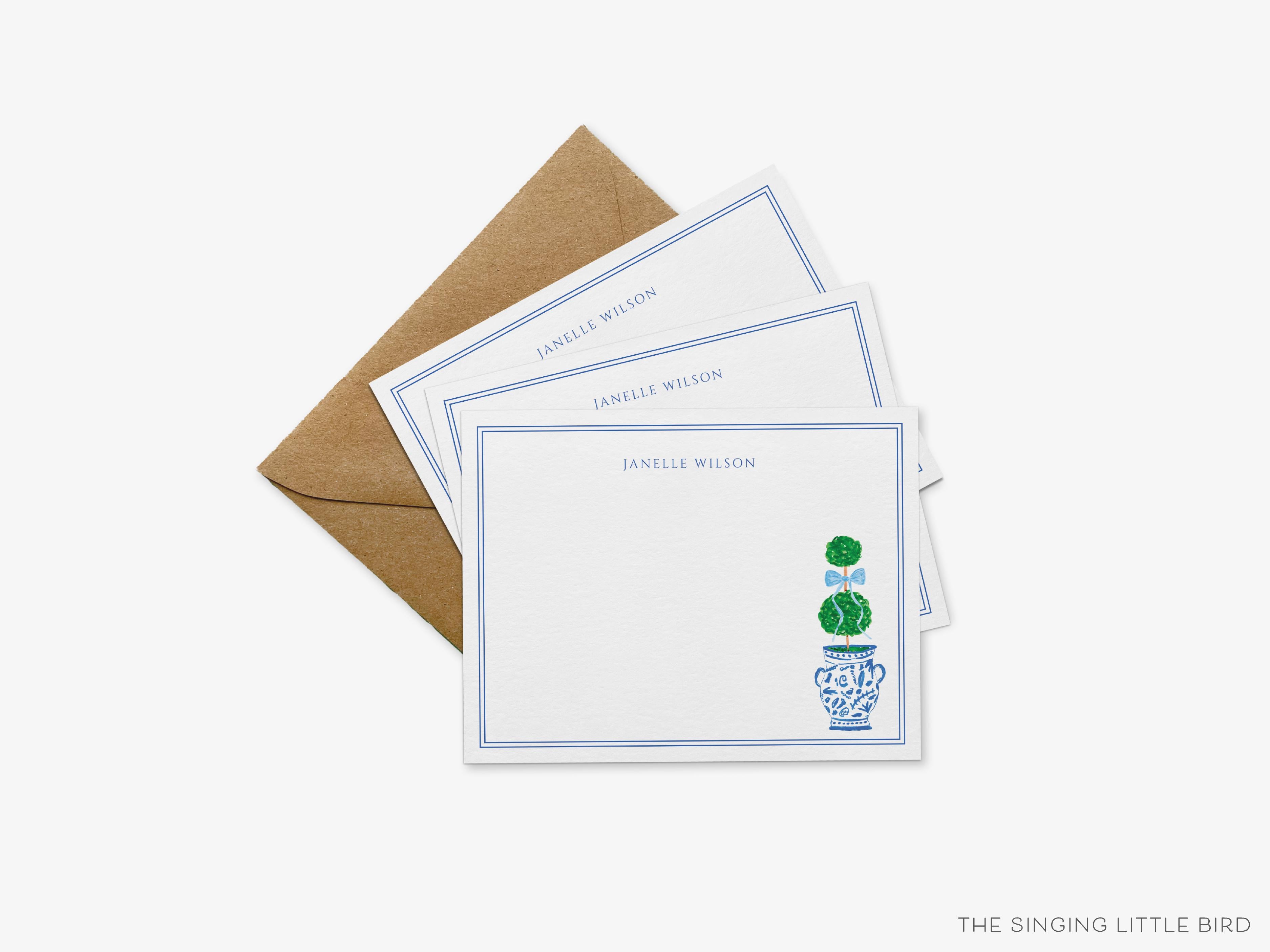 Personalized Topiary with Light Blue Bow Flat Notes-These personalized flat notecards are 4.25x5.5 and feature our hand-painted watercolor topiary in a ginger Jar, printed in the USA on 120lb textured stock. They come with your choice of envelopes and make great thank yous and gifts for the plant and chinoiserie lover in your life.-The Singing Little Bird