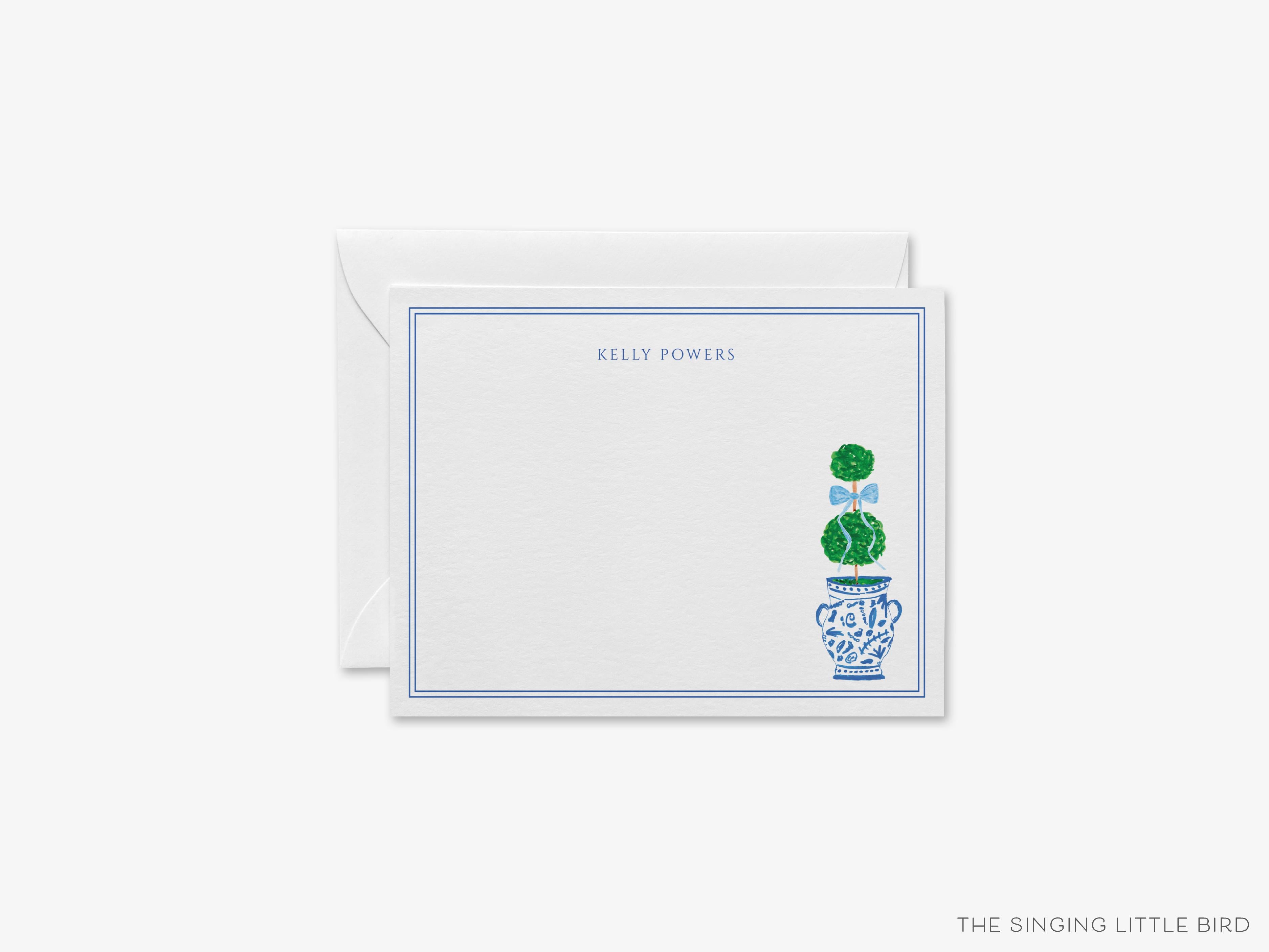 Personalized Topiary with Light Blue Bow Flat Notes-These personalized flat notecards are 4.25x5.5 and feature our hand-painted watercolor topiary in a ginger Jar, printed in the USA on 120lb textured stock. They come with your choice of envelopes and make great thank yous and gifts for the plant and chinoiserie lover in your life.-The Singing Little Bird