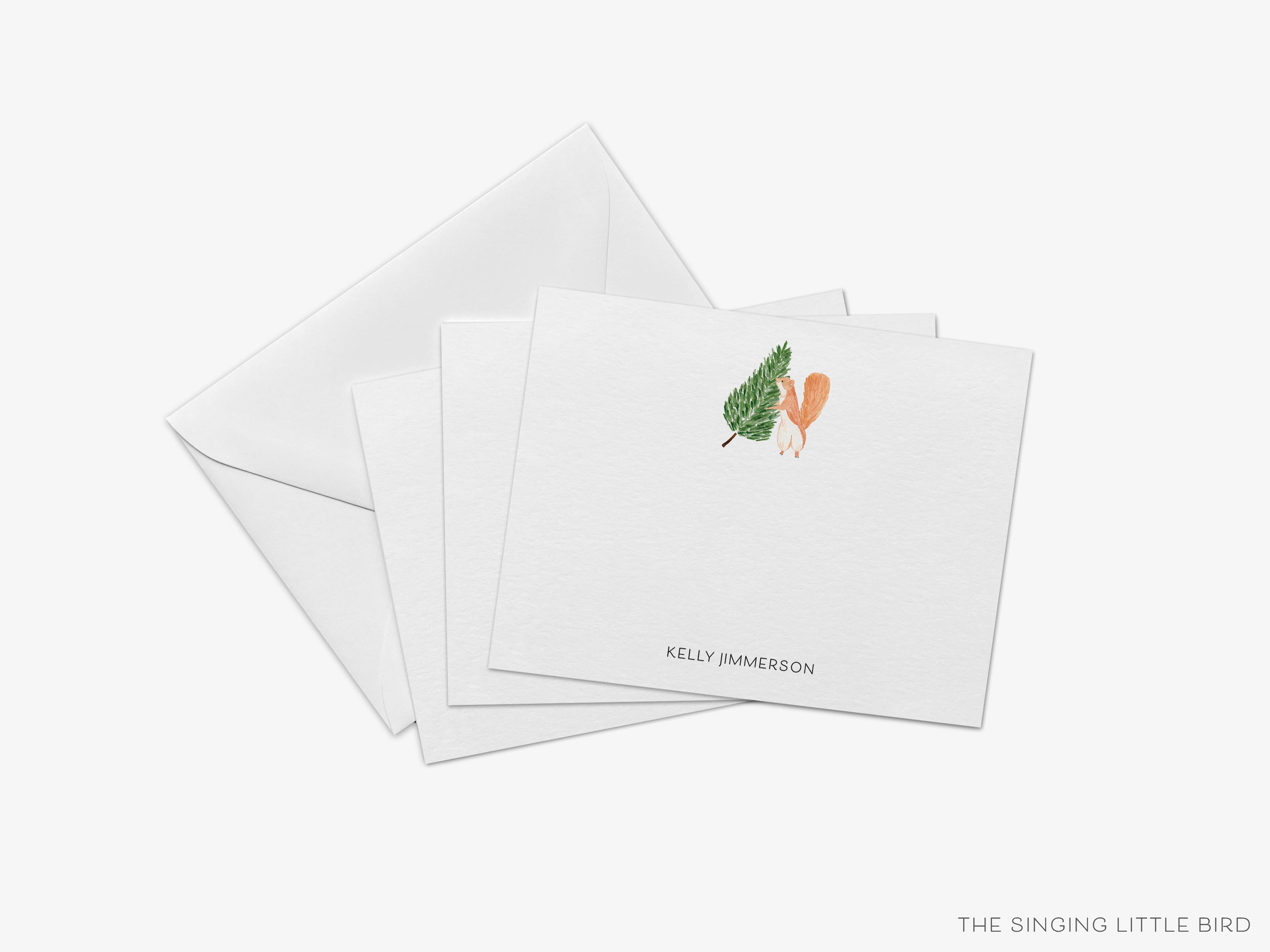 Personalized Tree Squirrel Flat Notes-These personalized flat notecards are 4.25x5.5 and feature our hand-painted watercolor evergreen tree and squirrel, printed in the USA on 120lb textured stock. They come with your choice of envelopes and make great thank yous and gifts for the animal lover in your life.-The Singing Little Bird