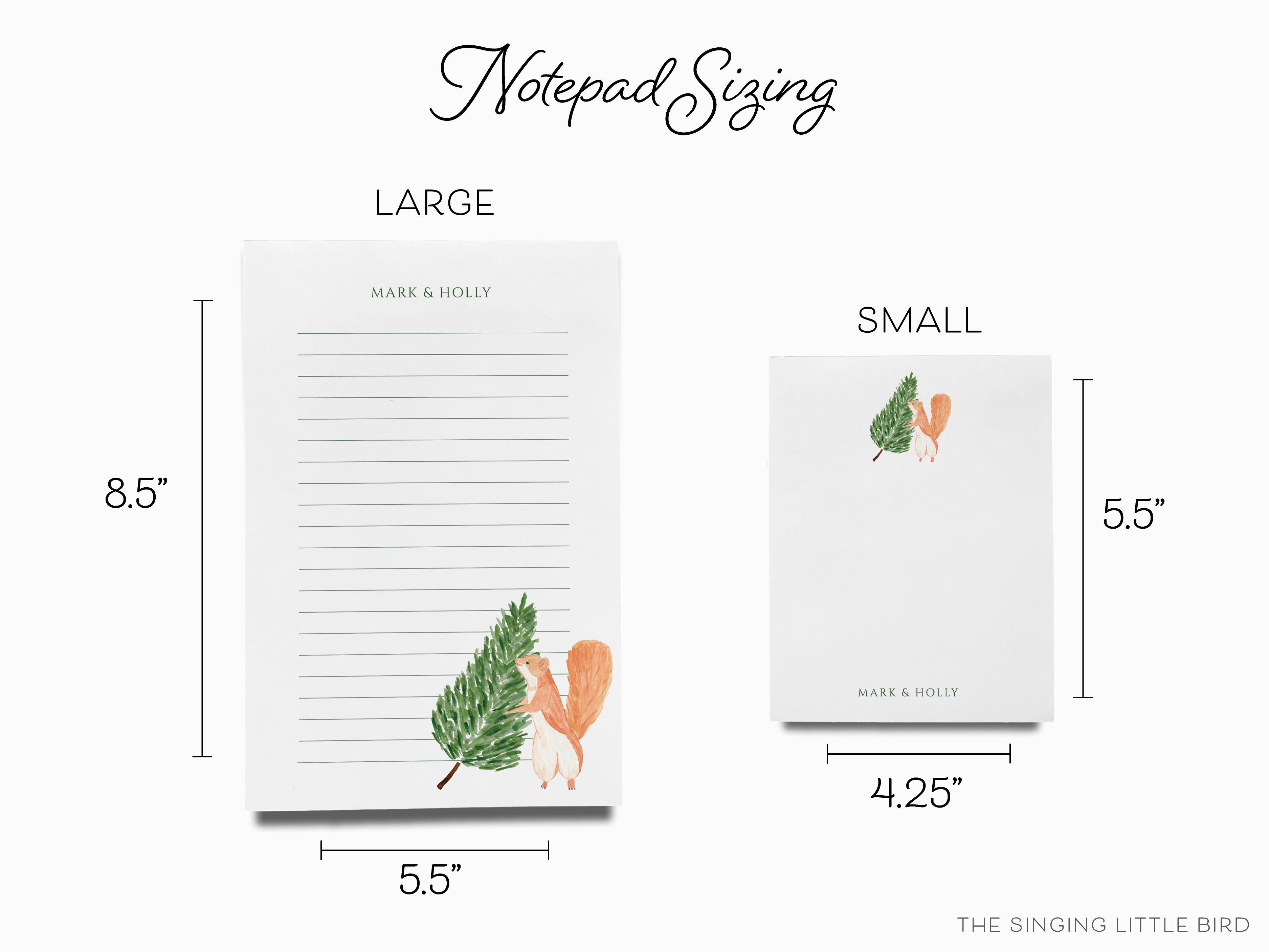 Personalized Tree Squirrel Notepad-These personalized notepads feature our hand-painted watercolor squirrel and tree, printed in the USA on a beautiful smooth stock. You choose which size you want (or bundled together for a beautiful gift set) and makes a great gift for the checklist and nature lover in your life.-The Singing Little Bird