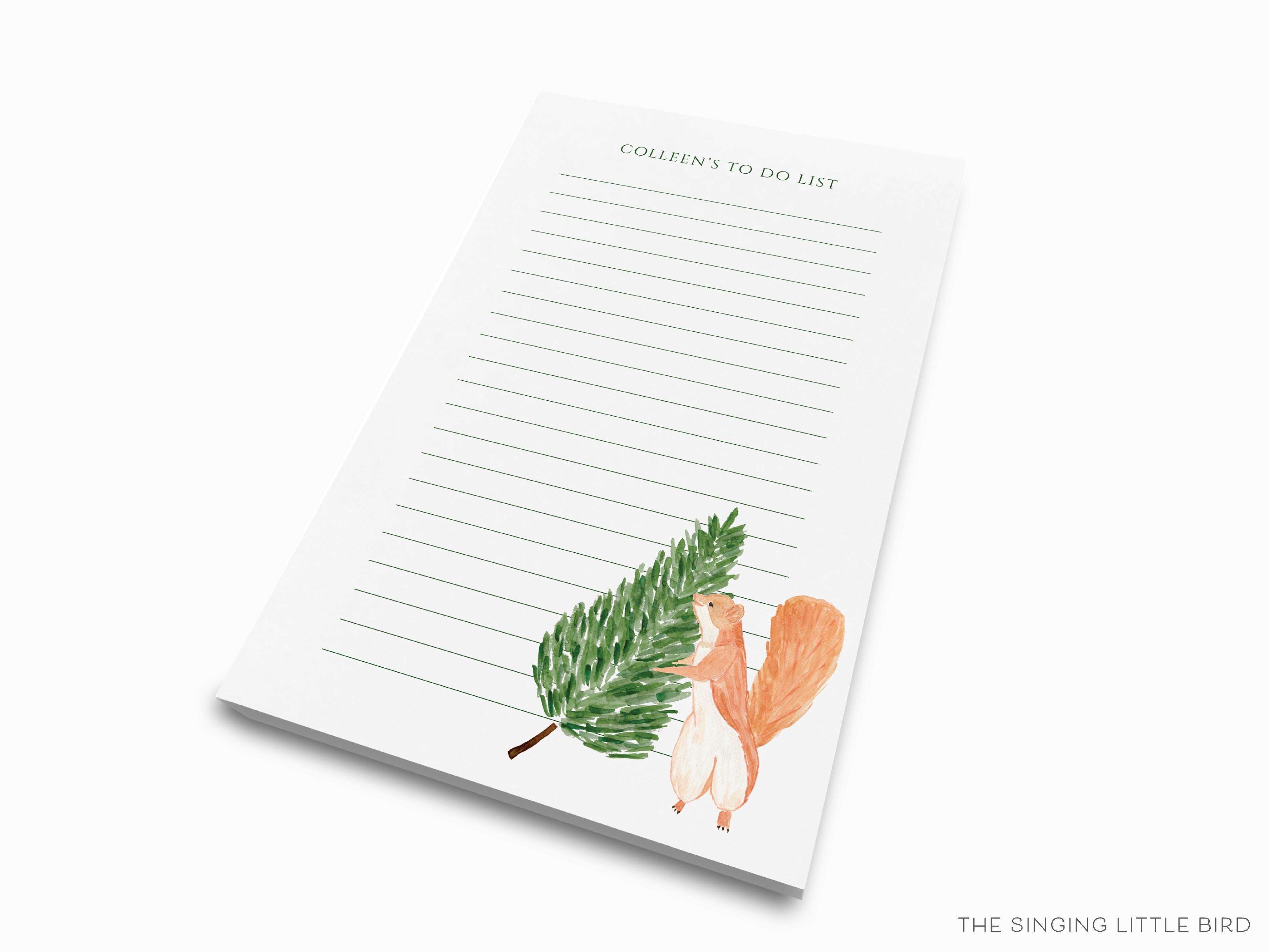 Personalized Tree Squirrel Notepad-These personalized notepads feature our hand-painted watercolor squirrel and tree, printed in the USA on a beautiful smooth stock. You choose which size you want (or bundled together for a beautiful gift set) and makes a great gift for the checklist and nature lover in your life.-The Singing Little Bird
