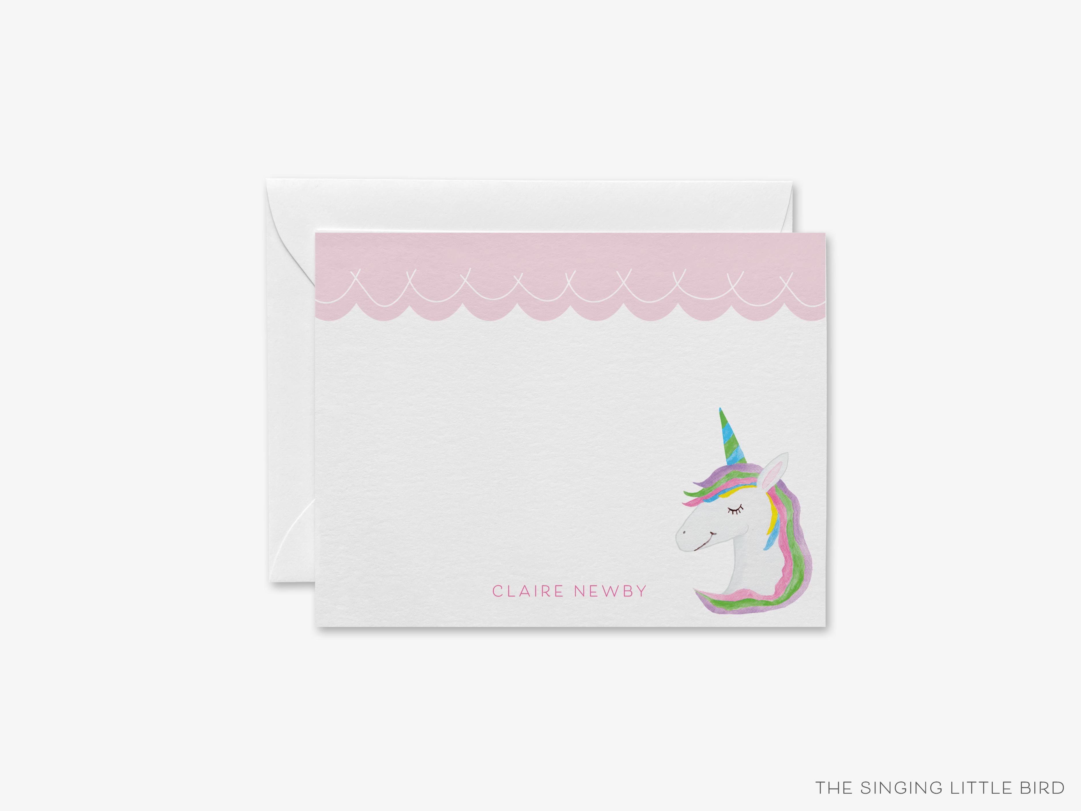 Personalized Unicorn Scalloped Flat Notes-These personalized flat notecards are 4.25x5.5 and feature our hand-painted watercolor Unicorn, printed in the USA on 120lb textured stock. They come with your choice of envelopes and make great thank yous and gifts for the make-believe lover in your life.-The Singing Little Bird