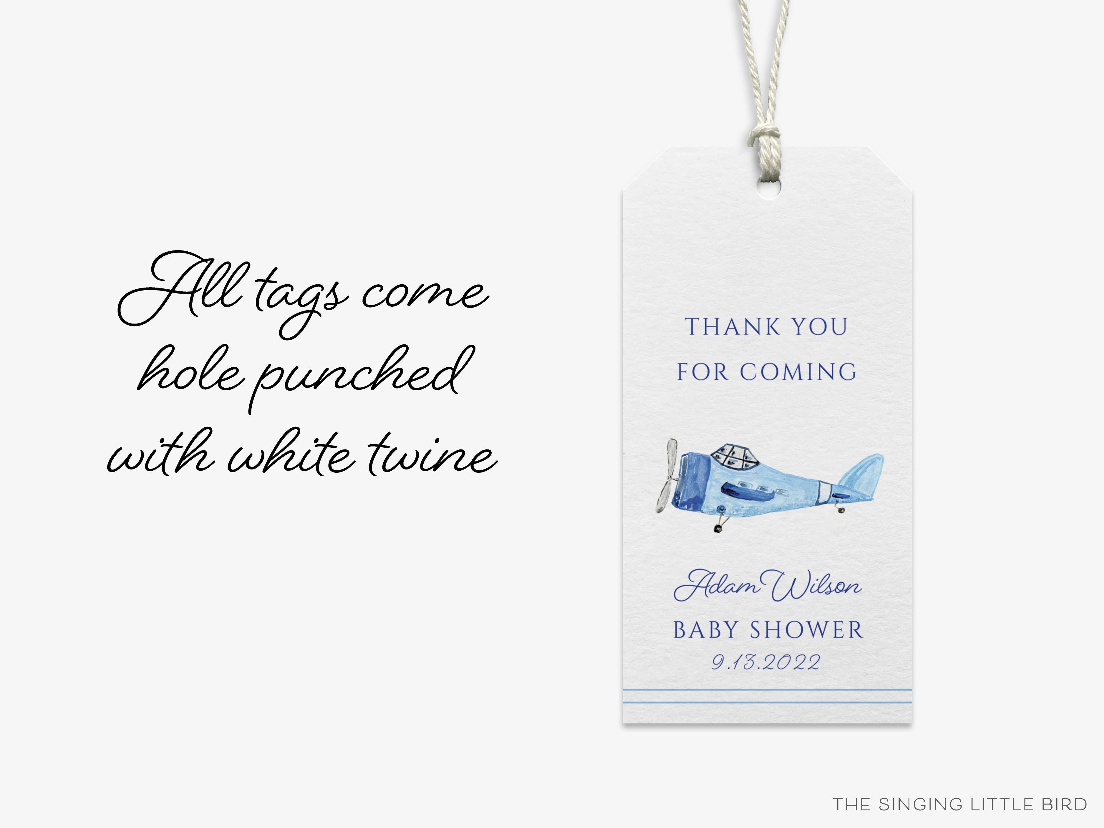 Personalized Vintage Airplane Baby Shower Favor Tag-These gift tags come in sets, hole-punched with white twine and feature our hand-painted watercolor vintage airplane, printed in the USA on 120lb textured stock. They make great tags for gifting or gifts for the vintage lover in your life.-The Singing Little Bird