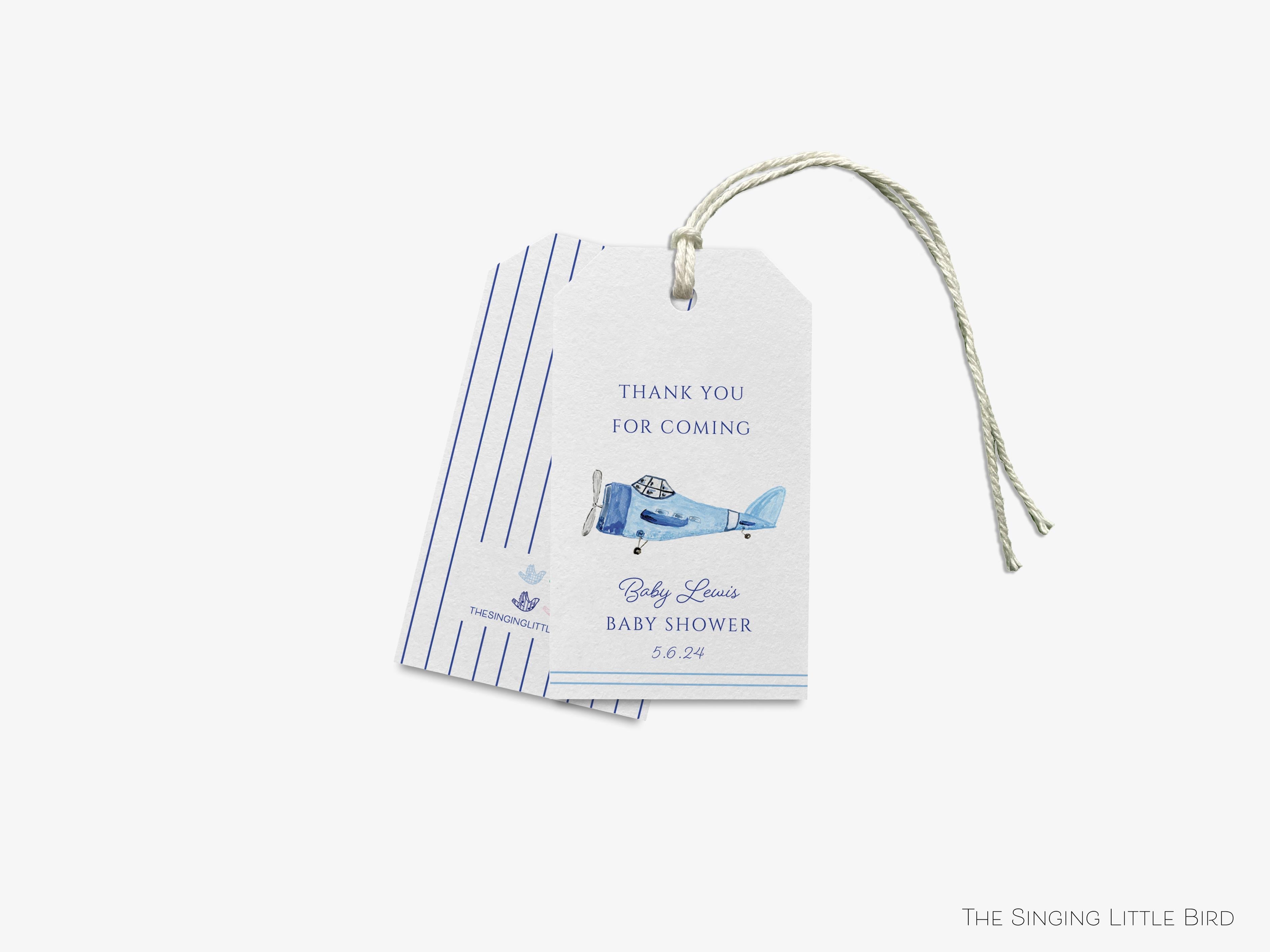 Personalized Vintage Airplane Baby Shower Favor Tag-These gift tags come in sets, hole-punched with white twine and feature our hand-painted watercolor vintage airplane, printed in the USA on 120lb textured stock. They make great tags for gifting or gifts for the vintage lover in your life.-The Singing Little Bird