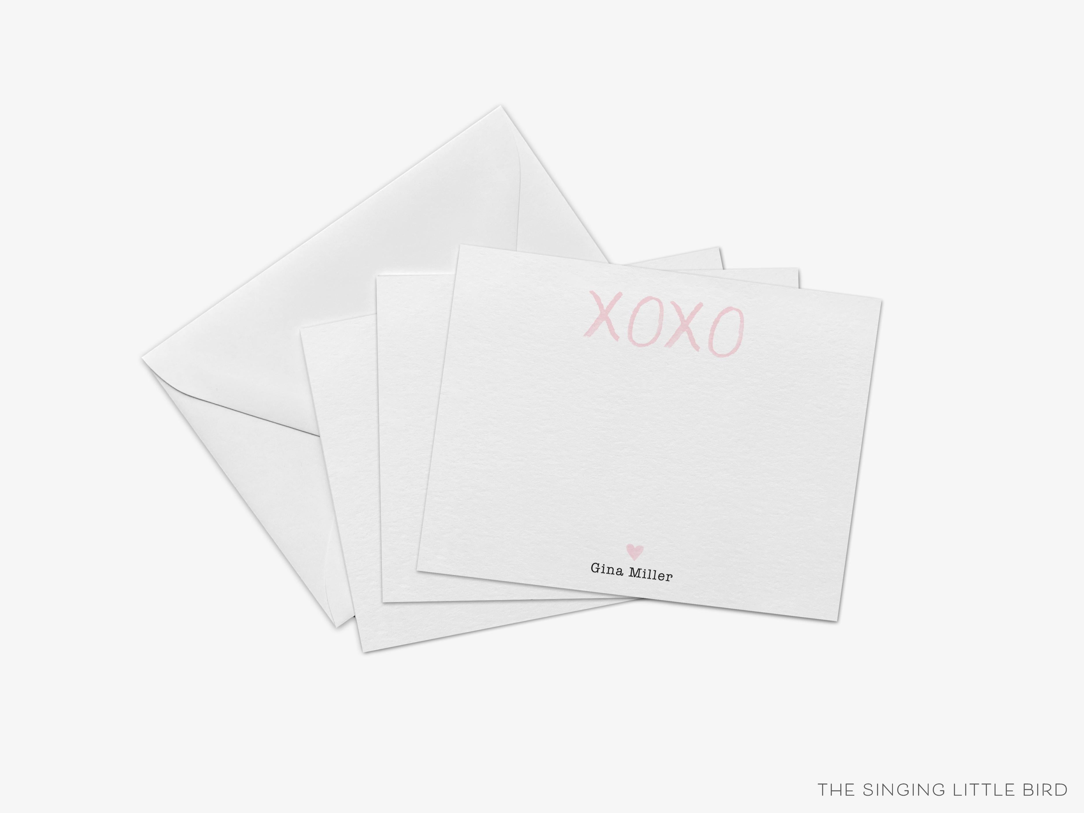 Personalized XOXO Pink Heart Flat Notes-These personalized flat notecards are 4.25x5.5 and feature our hand-painted watercolor XO pink heart, printed in the USA on 120lb textured stock. They come with your choice of envelopes and make great thank yous and gifts for the pink heart lover in your life.-The Singing Little Bird
