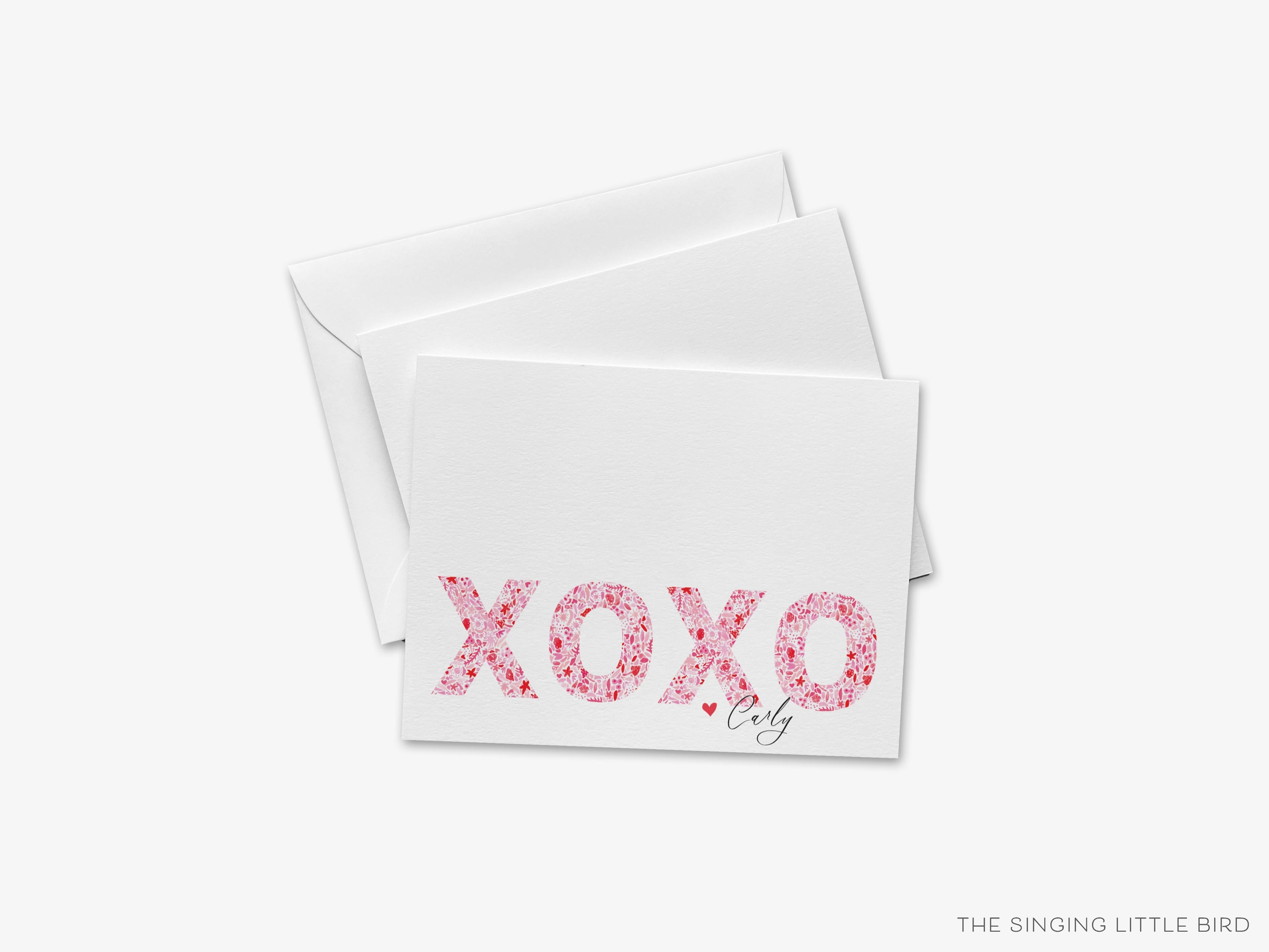 Personalized XOXO Pink and Red Pattern Greeting Cards-These folded greeting cards are 4.25x5.5 and feature our hand-painted pink and red xoxo pattern, printed in the USA on 100lb textured stock. They come with a White or Kraft envelope and make a great just because card for the hugs and kisses lover in your life.-The Singing Little Bird