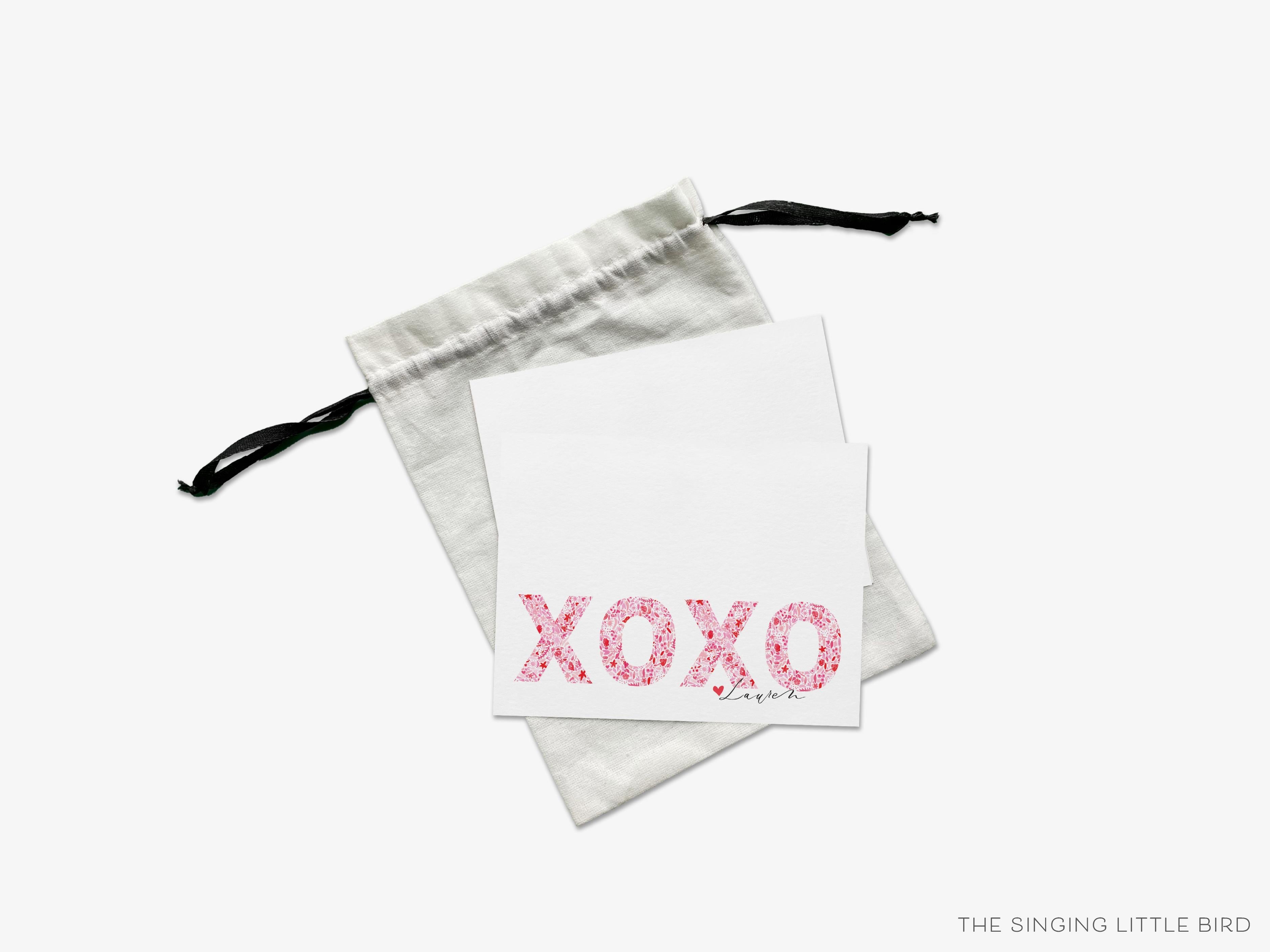 Personalized XOXO Pink and Red Pattern Greeting Cards-These folded greeting cards are 4.25x5.5 and feature our hand-painted pink and red xoxo pattern, printed in the USA on 100lb textured stock. They come with a White or Kraft envelope and make a great just because card for the hugs and kisses lover in your life.-The Singing Little Bird