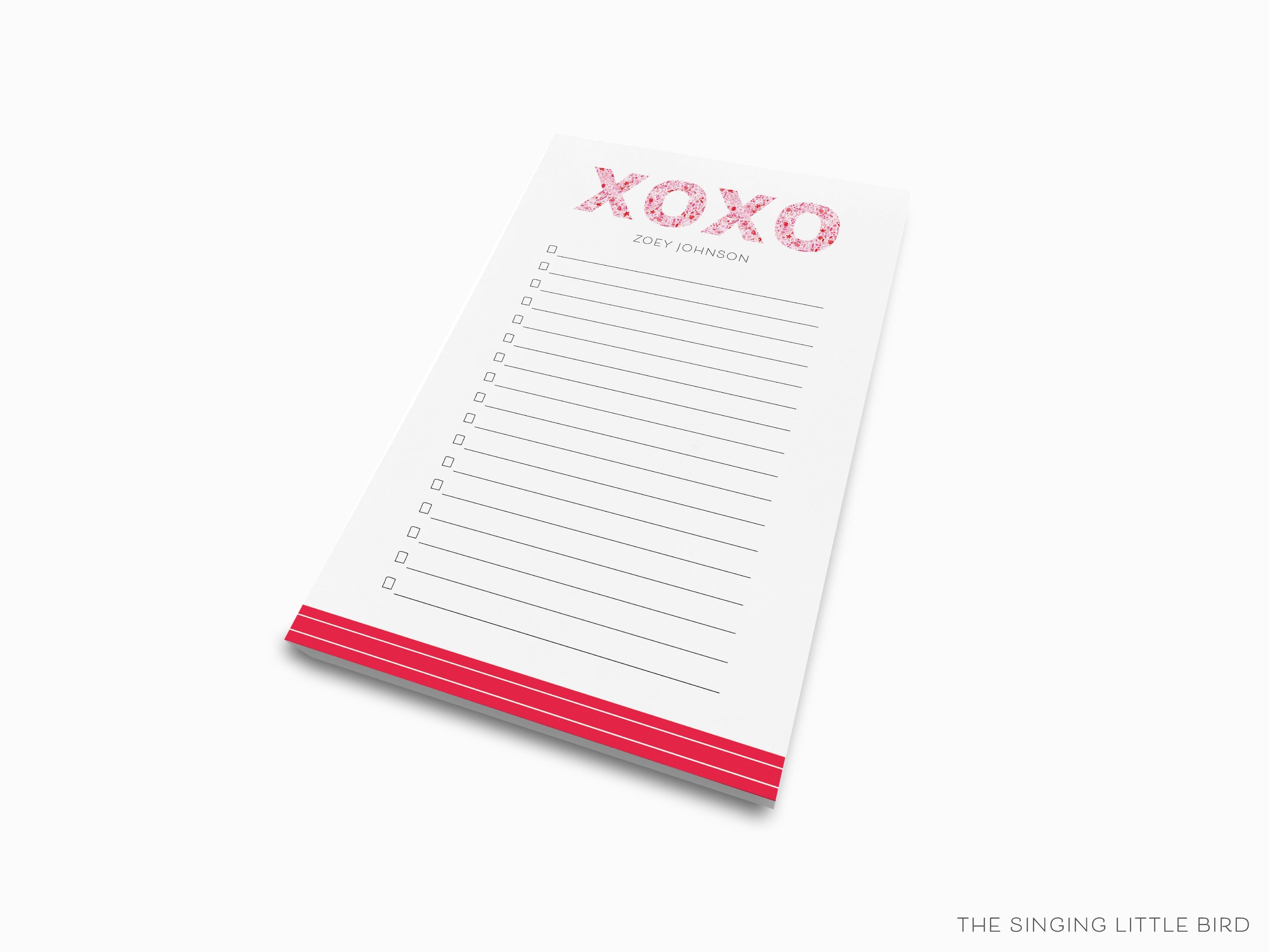 Personalized XOXO Pink and Red Pattern Notepad-These personalized notepads feature our hand-painted watercolor floral pattern xo, printed in the USA on a beautiful smooth stock. You choose which size you want (or bundled together for a beautiful gift set) and makes a great gift for the checklist and hugs and kisses lover in your life.-The Singing Little Bird
