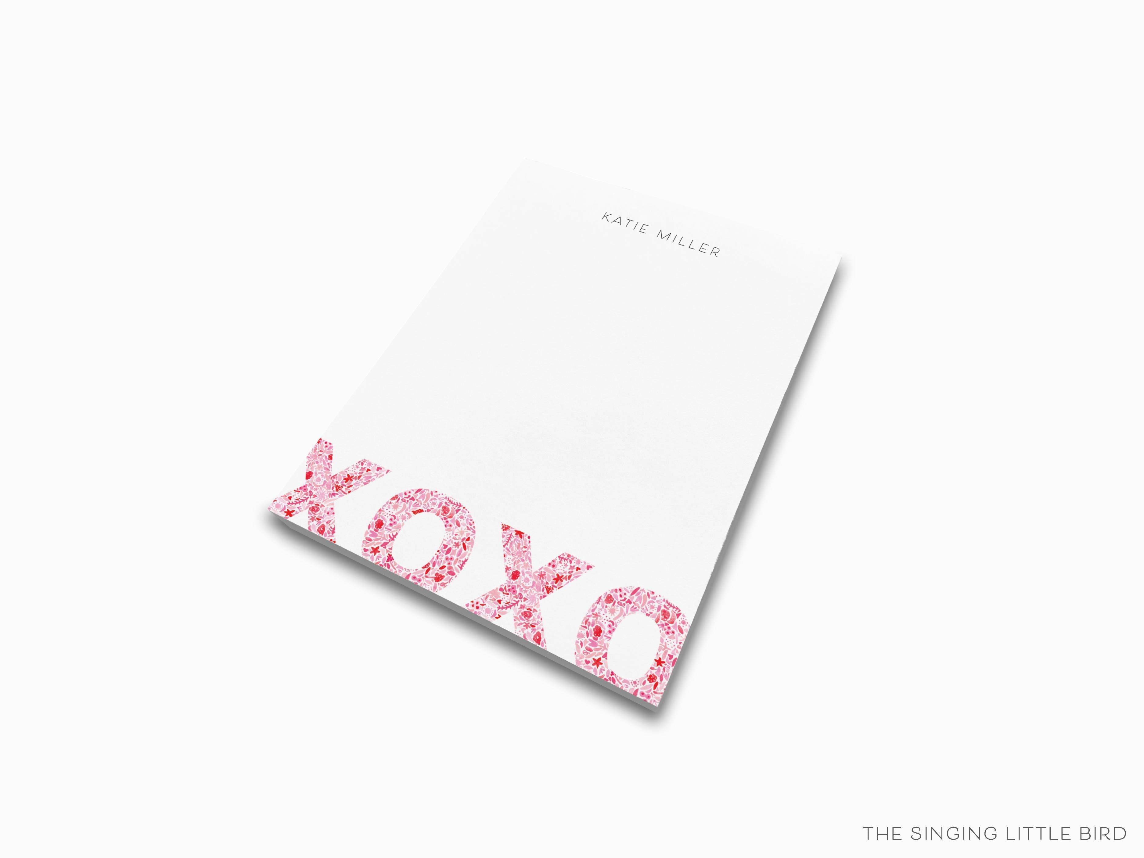 Personalized XOXO Pink and Red Pattern Notepad-These personalized notepads feature our hand-painted watercolor floral pattern xo, printed in the USA on a beautiful smooth stock. You choose which size you want (or bundled together for a beautiful gift set) and makes a great gift for the checklist and hugs and kisses lover in your life.-The Singing Little Bird