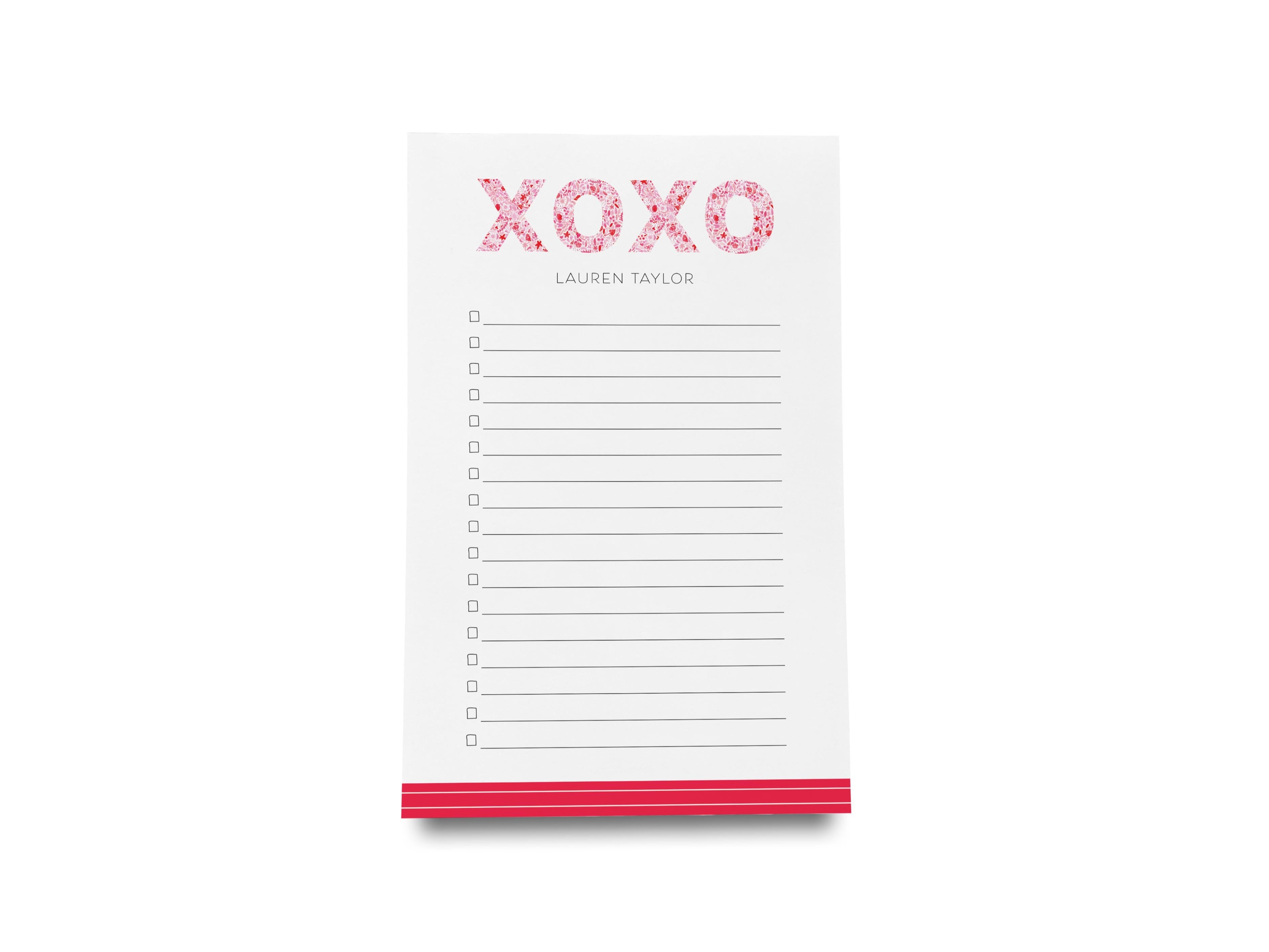 Personalized XOXO Pink and Red Pattern Notepad-These personalized notepads feature our hand-painted watercolor floral pattern xo, printed in the USA on a beautiful smooth stock. You choose which size you want (or bundled together for a beautiful gift set) and makes a great gift for the checklist and hugs and kisses lover in your life.-The Singing Little Bird