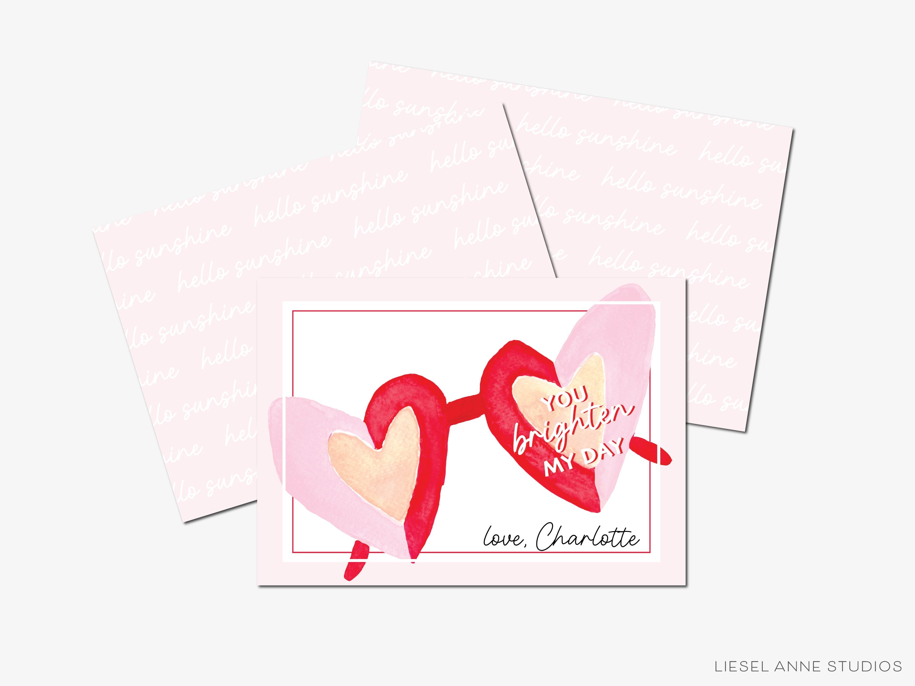 Personalized You Brighten My Day Valentine's Day Cards-These personalized flat notecards are 3.5" x 4.875 and feature our hand-painted watercolor sunglasses, printed in the USA on 120lb textured stock. They come with white envelopes and make great Valentine's Day cards for kids and sunny lovers in your life.-The Singing Little Bird