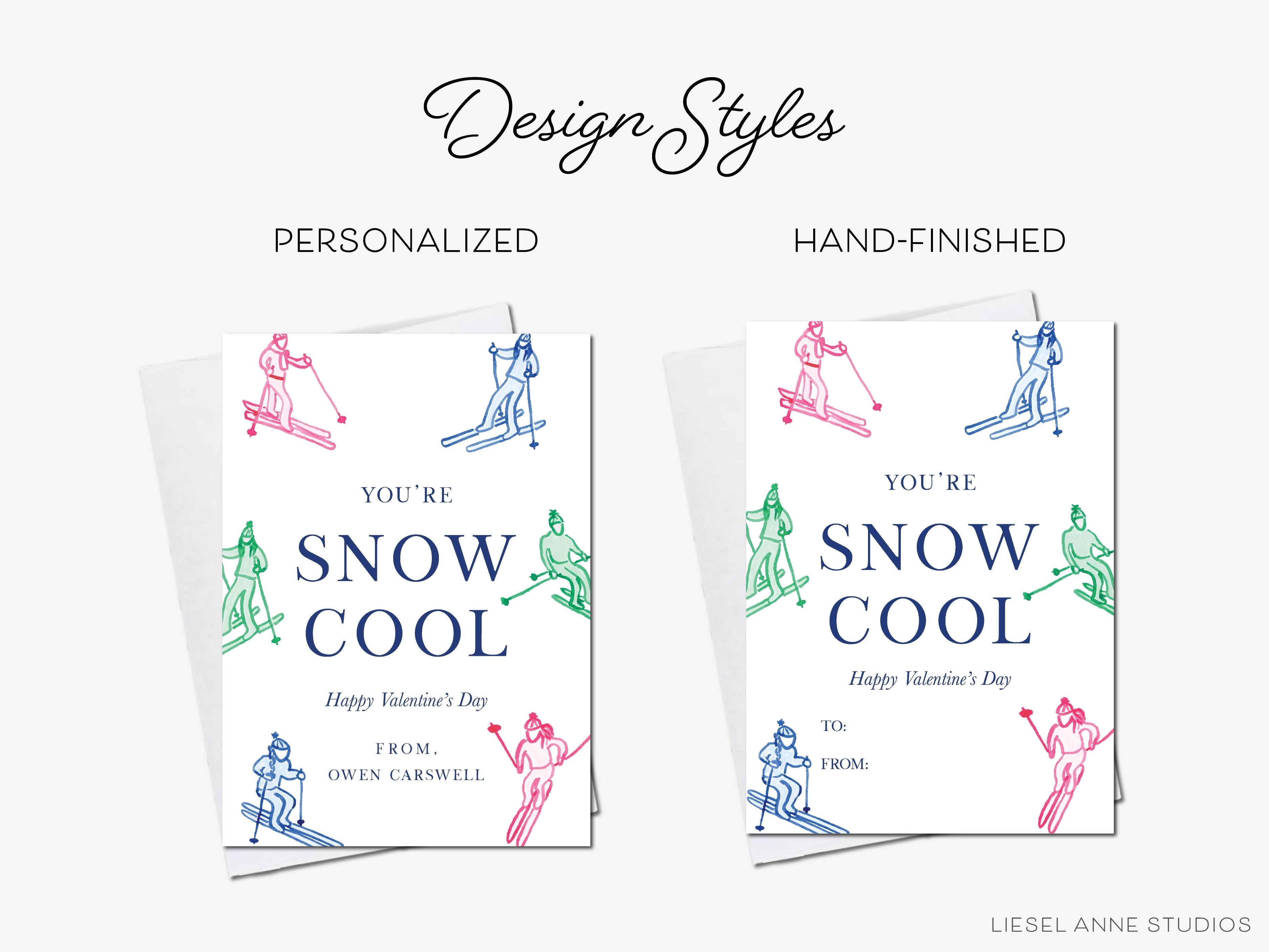 Personalized You're So Cool Skier Mini Valentine Day Cards-These personalized flat notecards are 3.5" x 4.875 and feature our hand-painted watercolor Skiers, printed in the USA on 120lb textured stock. They come with white envelopes and make great Valentine's Day cards for kids and ski lovers in your life.-The Singing Little Bird