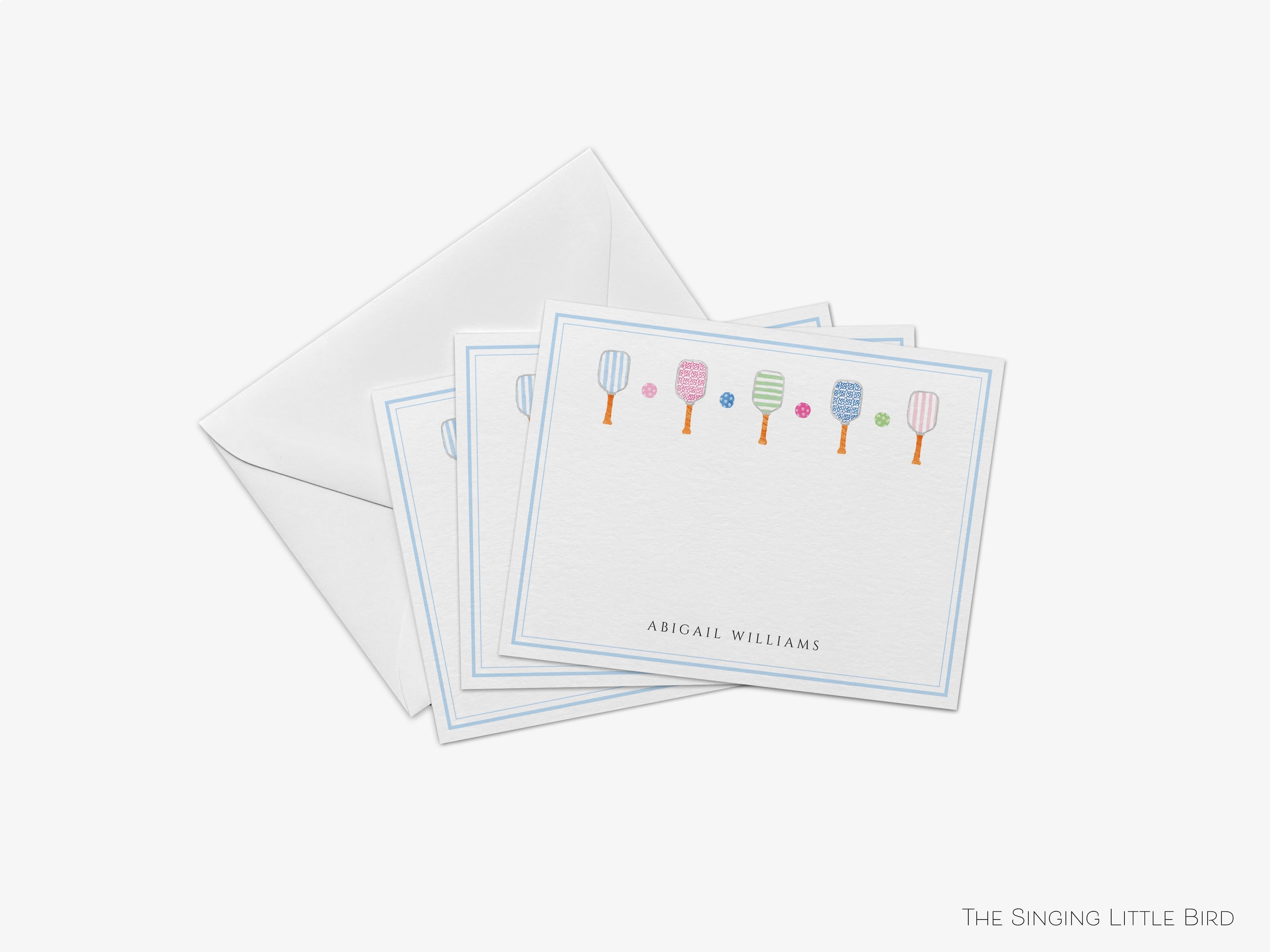 Pickleball Flat Notes-These personalized flat notecards are 4.25x5.5 and feature our hand-painted watercolor pickleball rackets, printed in the USA on 120lb textured stock. They come with your choice of envelopes and make great thank yous and gifts for the pickleball lover in your life.-The Singing Little Bird